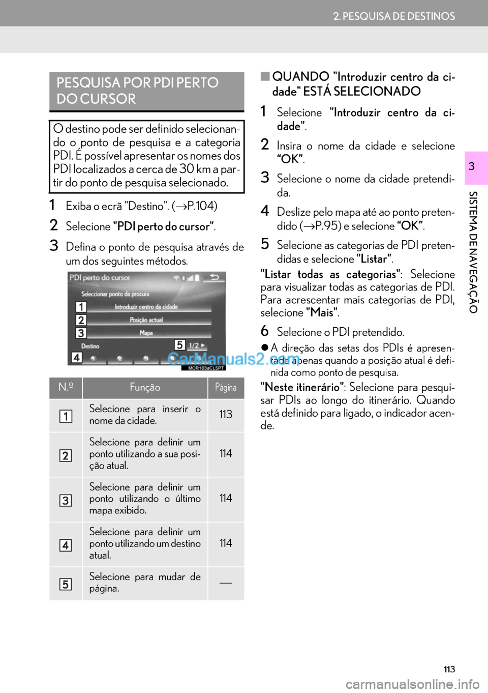 Lexus GS350 2017 Manual de navegação (in Portuguese) 113
2. PESQUISA DE DESTINOS
SISTEMA DE NAVEGAÇÃO
3
1Exiba o ecrã "Destino". (→P.104)
2Selecione"PDI perto do cursor".
3Defina o ponto de pesquisa através de
um dos seguintes métodos.
■QUANDO Lexus GS350 2017 Manual de navegação (in Portuguese) 113
2. PESQUISA DE DESTINOS
SISTEMA DE NAVEGAÇÃO
3
1Exiba o ecrã "Destino". (→P.104)
2Selecione"PDI perto do cursor".
3Defina o ponto de pesquisa através de
um dos seguintes métodos.
■QUANDO