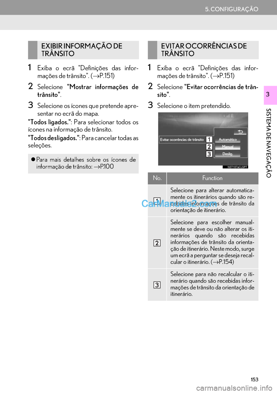 Lexus GS350 2017 Manual de navegação (in Portuguese) 153
5. CONFIGURAÇÃO
SISTEMA DE NAVEGAÇÃO
3
1Exiba o ecrã "Definições das infor-
mações de trânsito". (→P.151)
2Selecione"Mostrar informações de
trânsito".
3Selecione os ícones que pret Lexus GS350 2017 Manual de navegação (in Portuguese) 153
5. CONFIGURAÇÃO
SISTEMA DE NAVEGAÇÃO
3
1Exiba o ecrã "Definições das infor-
mações de trânsito". (→P.151)
2Selecione"Mostrar informações de
trânsito".
3Selecione os ícones que pret