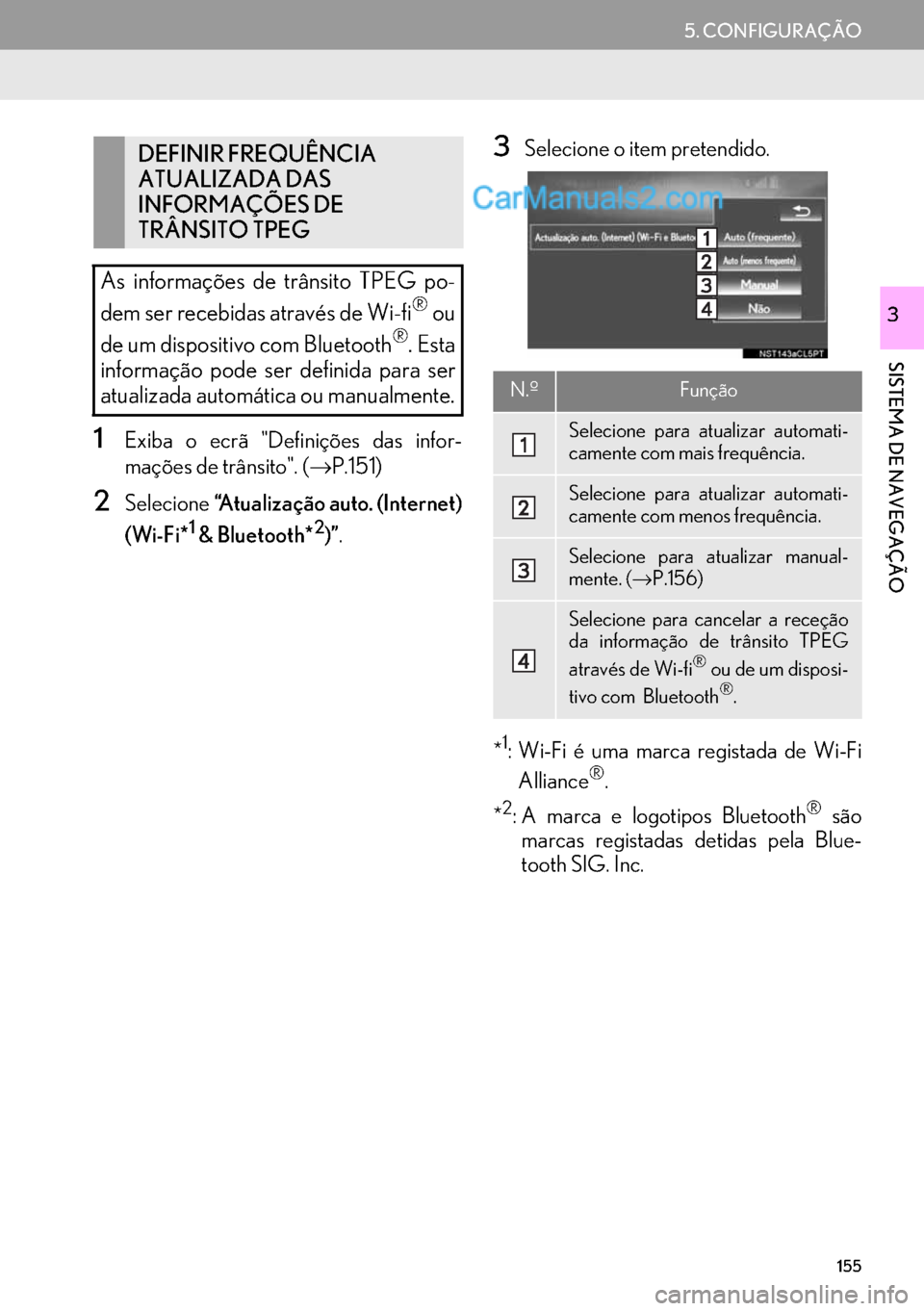 Lexus GS350 2017  Manual de navegação (in Portuguese) 155
5. CONFIGURAÇÃO
SISTEMA DE NAVEGAÇÃO
3
1Exiba o ecrã "Definições das infor-
mações de trânsito". (→P.151)
2Selecione“Atualização auto. (Internet)
(Wi-Fi*
1 & Bluetooth*2)”.
3Sele