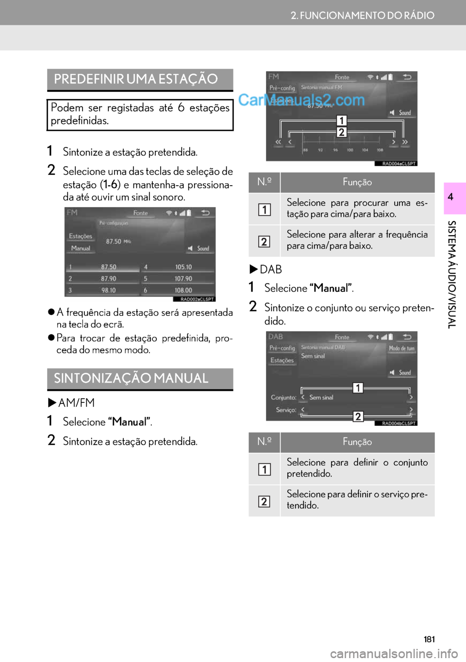 Lexus GS350 2017  Manual de navegação (in Portuguese) 181
2. FUNCIONAMENTO DO RÁDIO
SISTEMA ÁUDIO/VISUAL
4
1Sintonize a estação pretendida.
2Selecione uma das teclas de seleção de
estação (1-6) e mantenha-a pressiona-
da até ouvir um sinal sonor