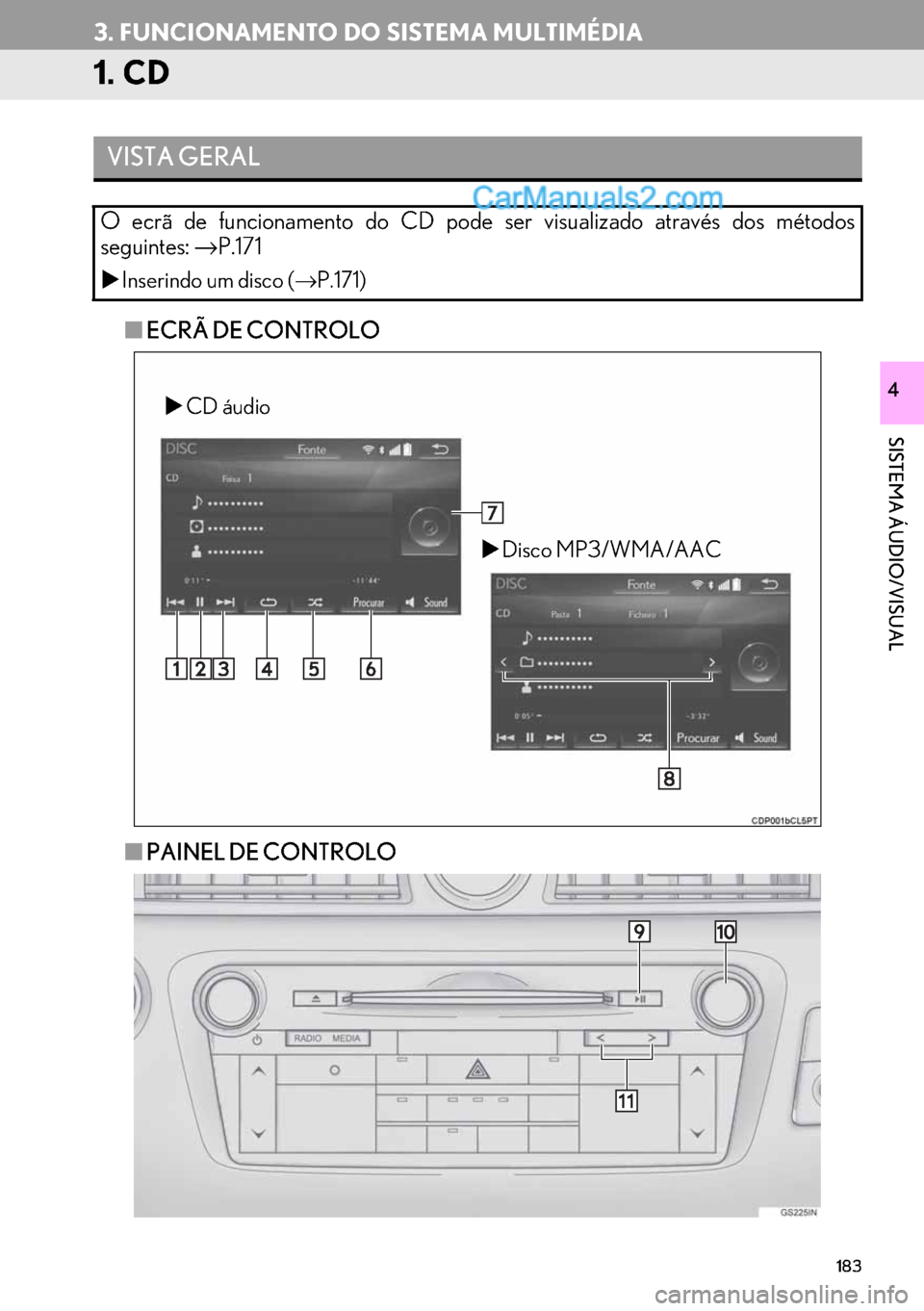 Lexus GS350 2017  Manual de navegação (in Portuguese) 183
SISTEMA ÁUDIO/VISUAL
4
3. FUNCIONAMENTO DO SISTEMA MULTIMÉDIA
1. CD
■ECRÃ DE CONTROLO
■PAINEL DE CONTROLO
VISTA GERAL
O ecrã de funcionamento do CD pode ser visualizado através dos métod