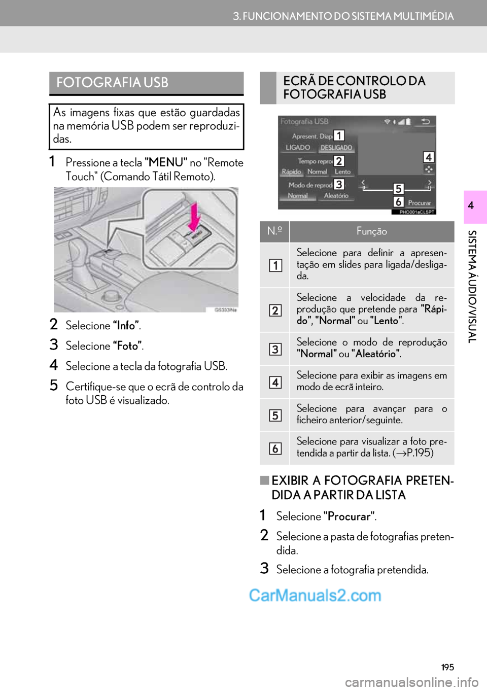 Lexus GS350 2017  Manual de navegação (in Portuguese) 195
3. FUNCIONAMENTO DO SISTEMA MULTIMÉDIA
SISTEMA ÁUDIO/VISUAL
4
1Pressione a tecla "MENU" no "Remote
Touch" (Comando Tátil Remoto).
2Selecione“Info”.
3Selecione“Foto”.
4Selecione a tecla 