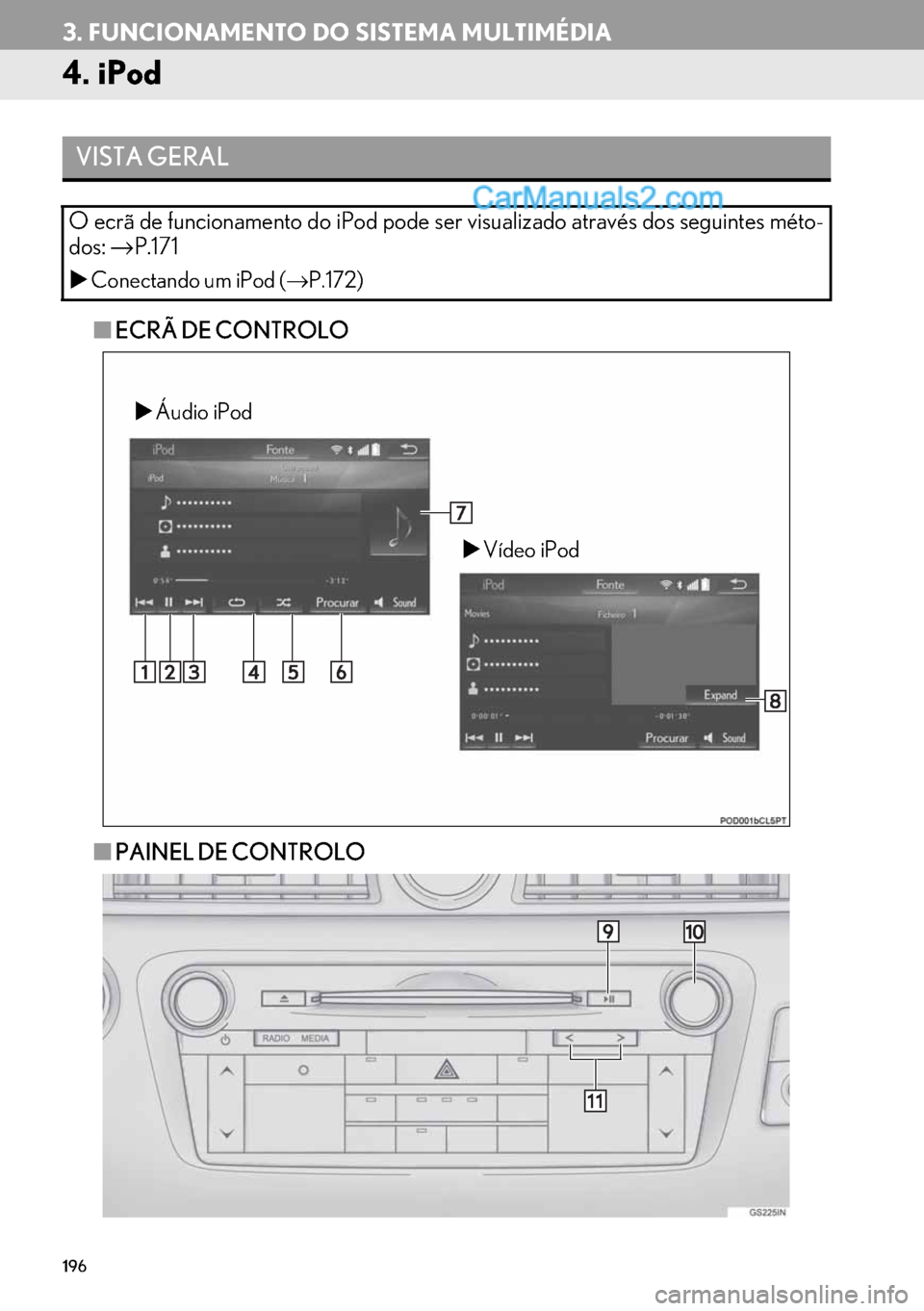 Lexus GS350 2017  Manual de navegação (in Portuguese) 196
3. FUNCIONAMENTO DO SISTEMA MULTIMÉDIA
4. iPod
■ECRÃ DE CONTROLO
■PAINEL DE CONTROLO
VISTA GERAL
O ecrã de funcionamento do iPod pode ser visualizado através dos seguintes méto-
dos:→P.