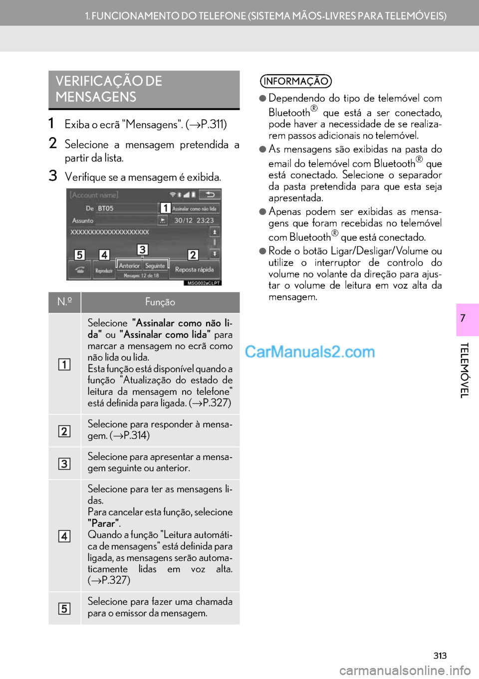 Lexus GS350 2017 Manual de navegação (in Portuguese) 313
1.FUNCIONAMENTO DO TELEFONE (SISTEMA MÃOS-LIVRES PARA TELEMÓVEIS)
TELEMÓVEL
7
1Exiba o ecrã "Mensagens". (→P.311)
2Selecione a mensagem pretendida a
partir da lista.
3Verifique se a mensagem Lexus GS350 2017 Manual de navegação (in Portuguese) 313
1.FUNCIONAMENTO DO TELEFONE (SISTEMA MÃOS-LIVRES PARA TELEMÓVEIS)
TELEMÓVEL
7
1Exiba o ecrã "Mensagens". (→P.311)
2Selecione a mensagem pretendida a
partir da lista.
3Verifique se a mensagem