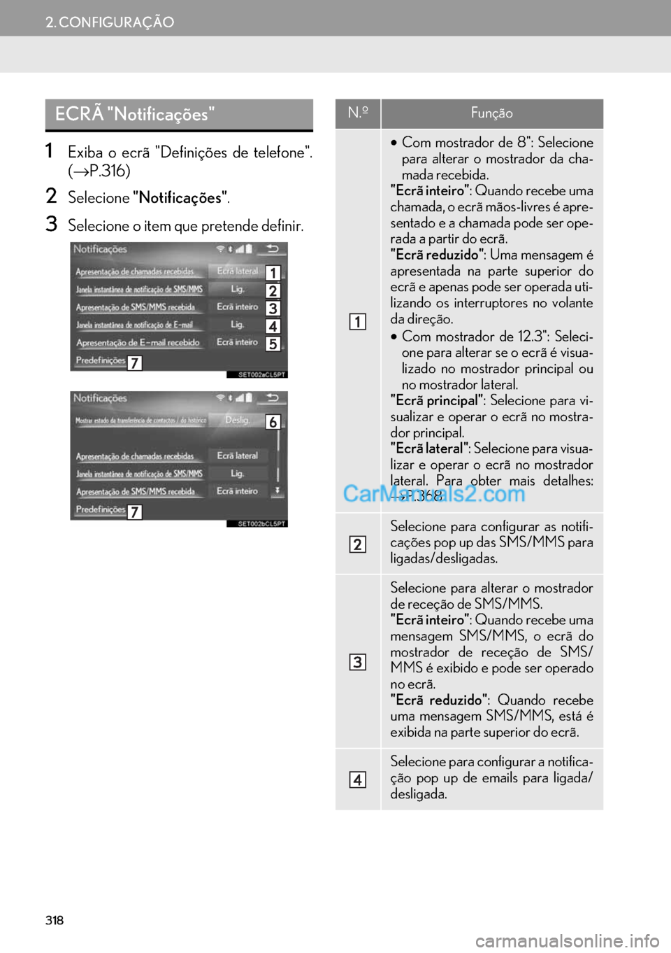 Lexus GS350 2017 Manual de navegação (in Portuguese) 318
2. CONFIGURAÇÃO
1Exiba o ecrã "Definições de telefone".
(→P.316)
2Selecione"Notificações".
3Selecione o item que pretende definir.
ECRÃ "Notificações"N.ºFunção
•Com mostrador de 8 Lexus GS350 2017 Manual de navegação (in Portuguese) 318
2. CONFIGURAÇÃO
1Exiba o ecrã "Definições de telefone".
(→P.316)
2Selecione"Notificações".
3Selecione o item que pretende definir.
ECRÃ "Notificações"N.ºFunção
•Com mostrador de 8