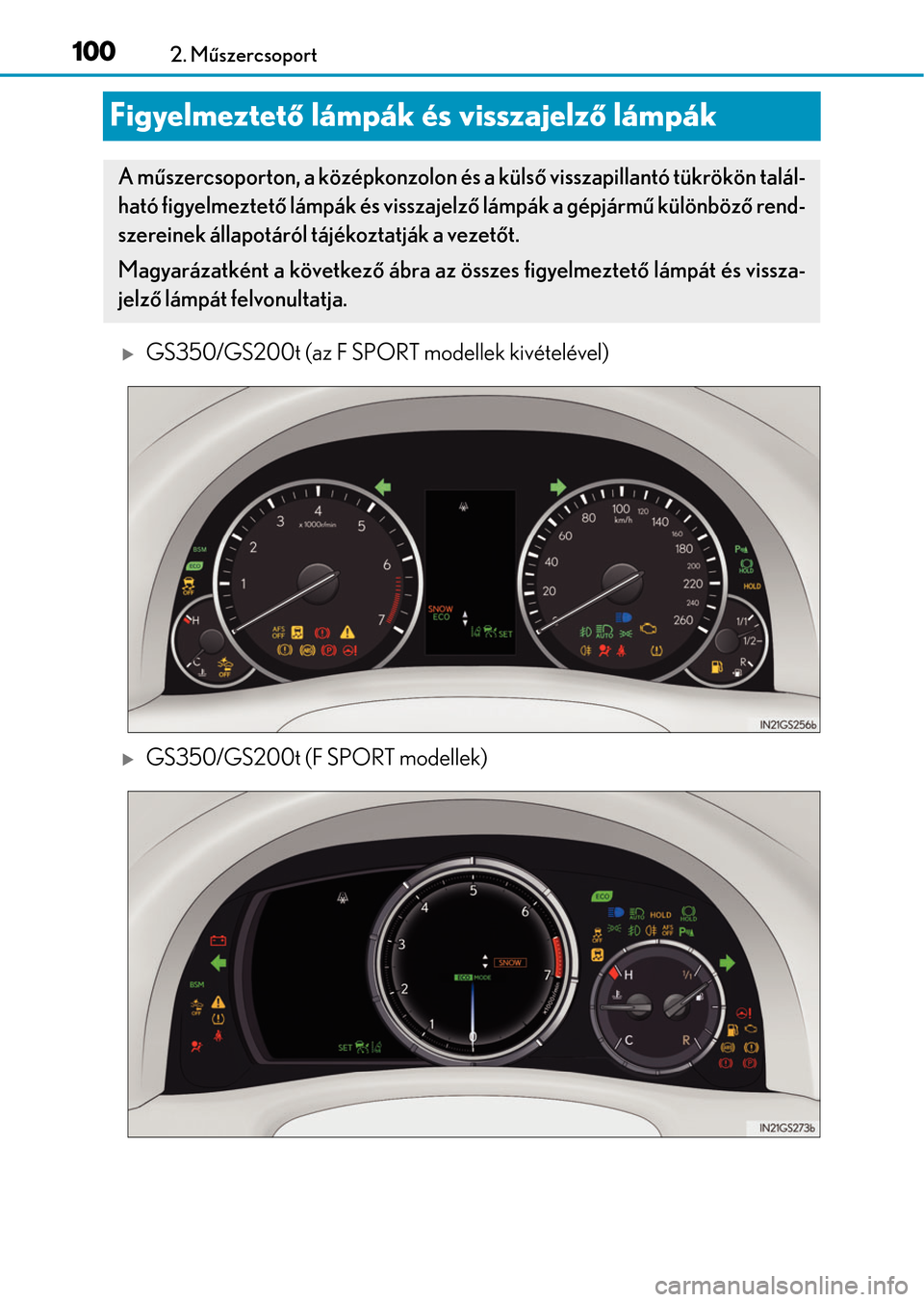 Lexus GS350 2015  Kezelési útmutató (in Hungarian) 1002. Műszercsoport
Figyelmeztető lámpák és visszajelző lámpák
GS350/GS200t (az F SPORT modellek kivételével)
GS350/GS200t (F SPORT modellek)
A műszercsoporton, a középkonzolon és 