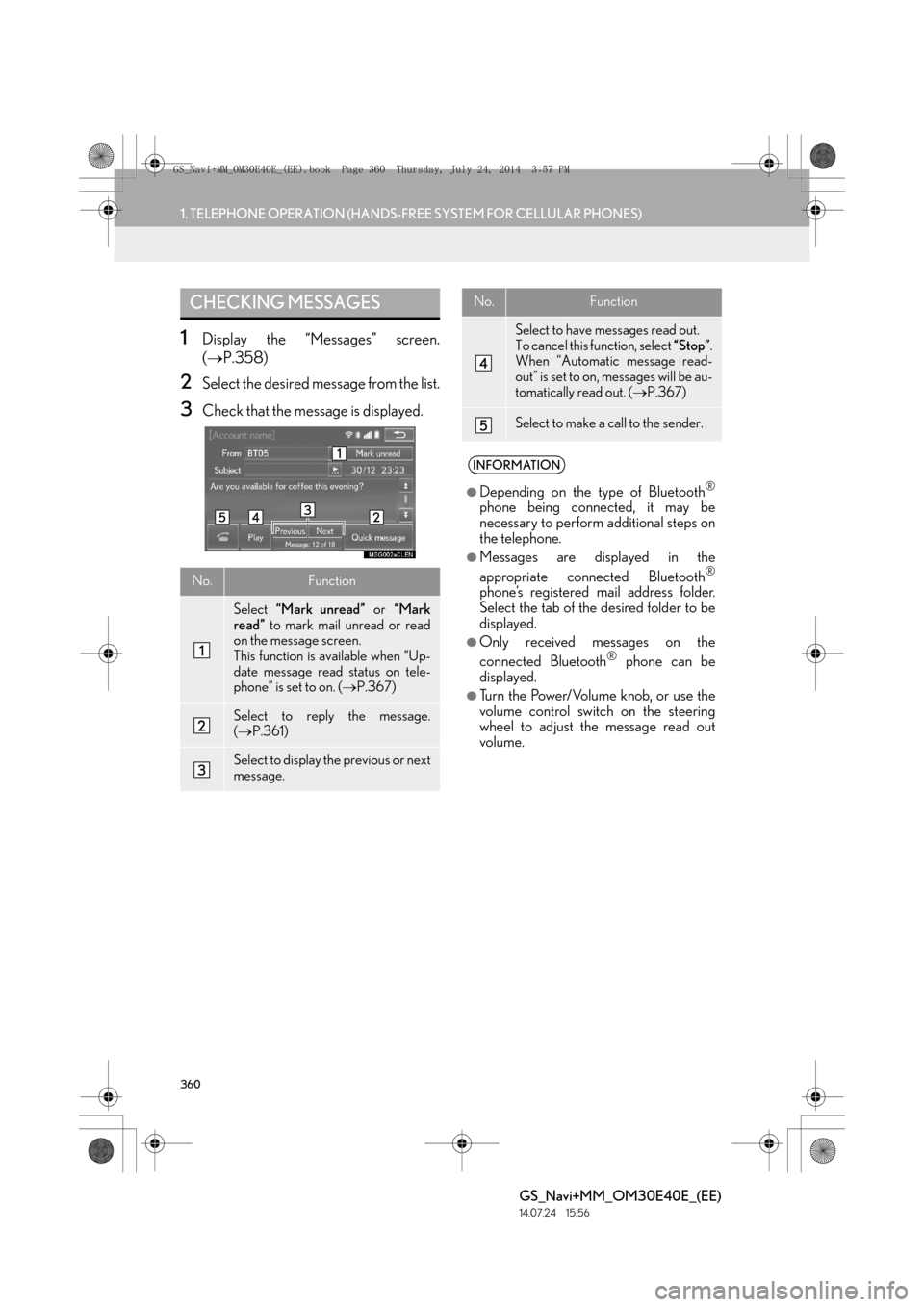 Lexus GS350 2014 Navigation manual 360
1. TELEPHONE OPERATION (HANDS-FREE SYSTEM FOR CELLULAR PHONES)
GS_Navi+MM_OM30E40E_(EE)
14.07.24 15:56
1Display the “Messages” screen.
(→ P.358)
2Select the desired message from the list Lexus GS350 2014 Navigation manual 360
1. TELEPHONE OPERATION (HANDS-FREE SYSTEM FOR CELLULAR PHONES)
GS_Navi+MM_OM30E40E_(EE)
14.07.24 15:56
1Display the “Messages” screen.
(→ P.358)
2Select the desired message from the list
