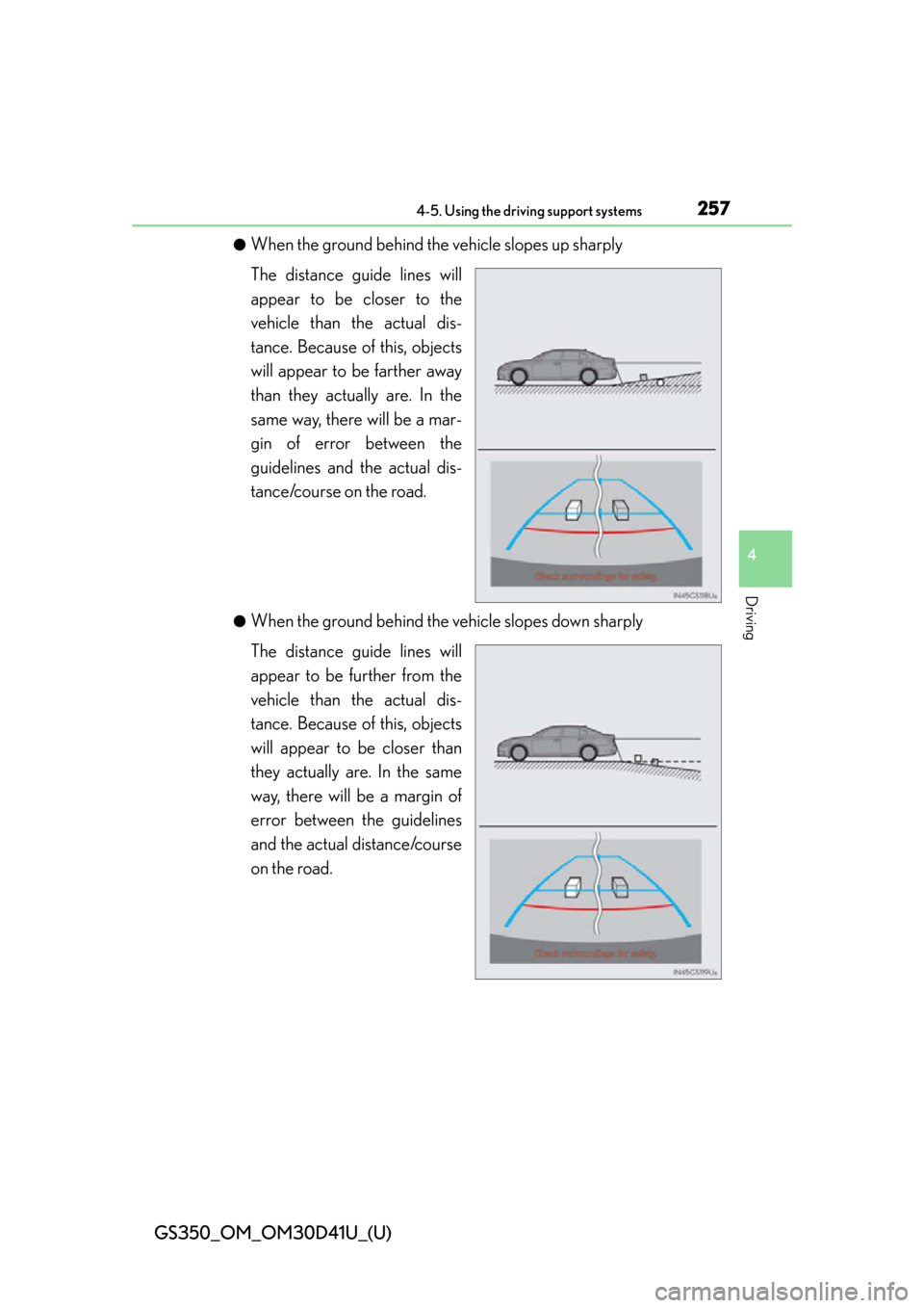 Lexus GS350 2014  Opening, closing and locking the doors and trunk / LEXUS 2014 GS350 OWNERS MANUAL (OM30D41U) GS350_OM_OM30D41U_(U)
2574-5. Using the driving support systems
4
Driving
●When the ground behind the vehicle slopes up sharply
The distance guide lines will
appear to be closer to the
vehicle than 