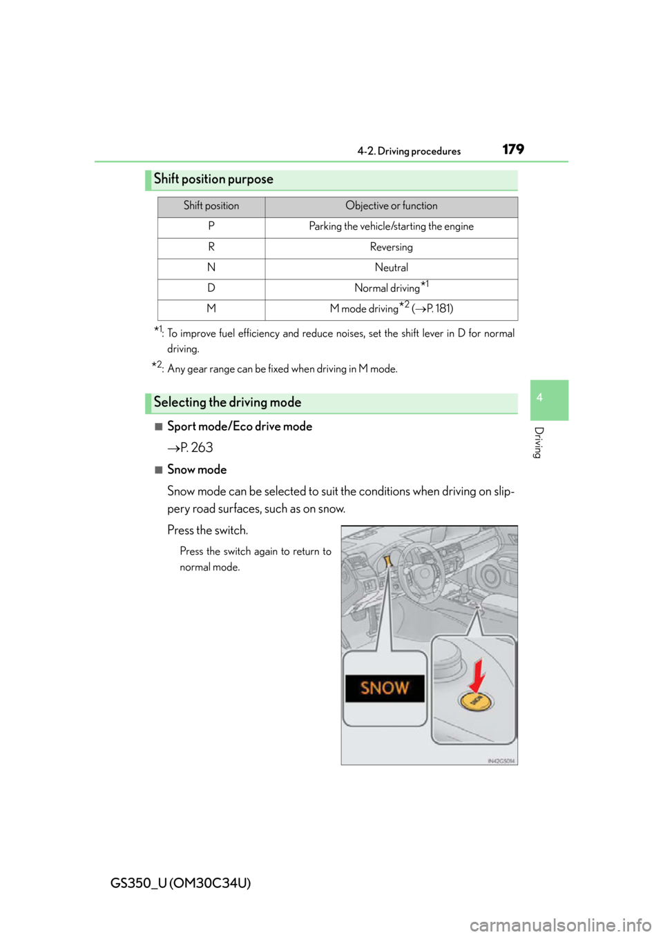 Lexus GS350 2013  Theft deterrent system / LEXUS 2013 GS350 OWNERS MANUAL (OM30C34U) GS350_U (OM30C34U)
1794-2. Driving procedures
4
Driving
*1: To improve fuel efficiency and reduce noises, set the shift lever in D for normaldriving.
*2: Any gear range can be fixed when driving in M 