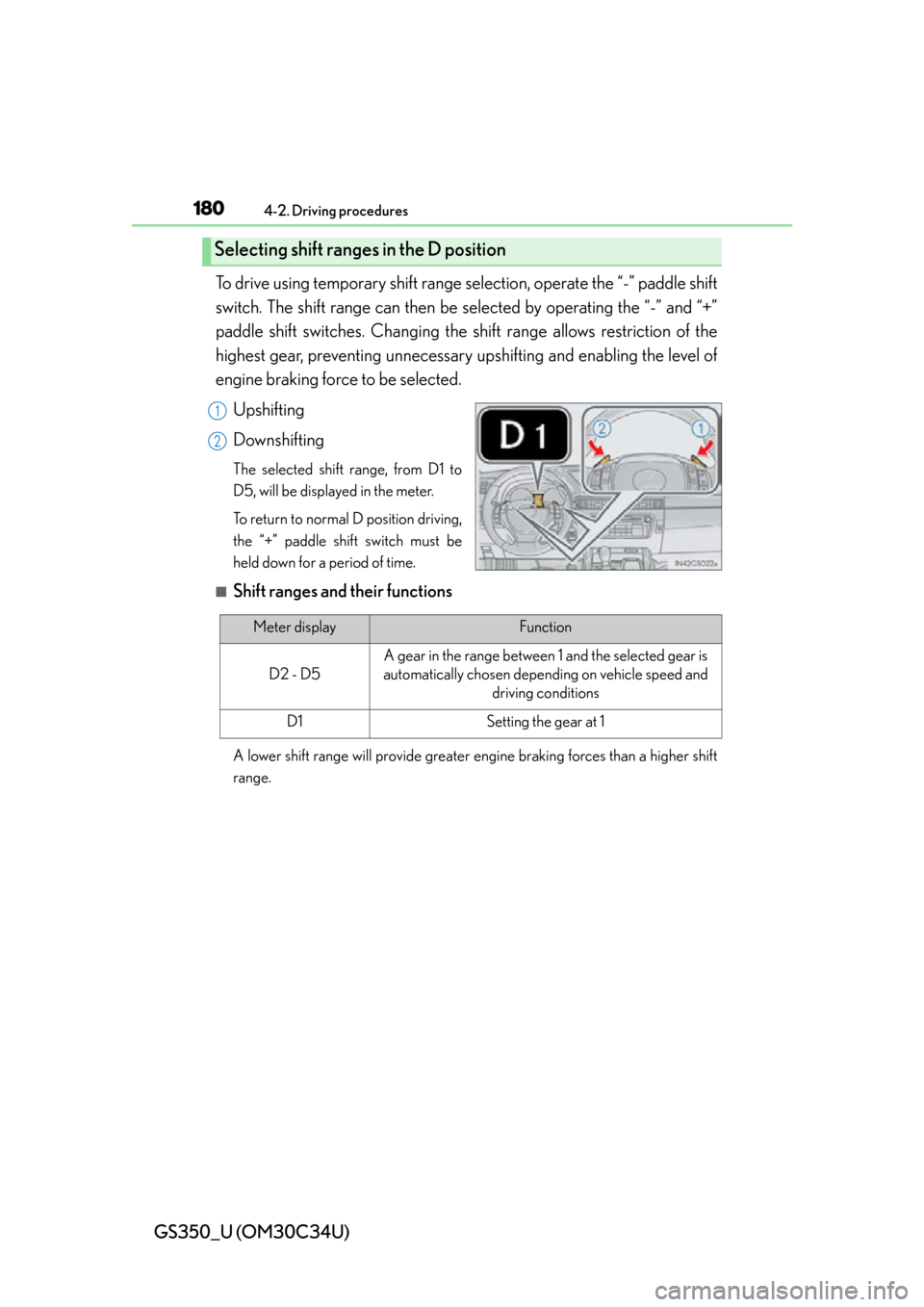Lexus GS350 2013  Theft deterrent system / LEXUS 2013 GS350 OWNERS MANUAL (OM30C34U) 180
GS350_U (OM30C34U)
4-2. Driving procedures
To drive using temporary shift range selection, operate the “-” paddle shift
switch. The shift range can then be selected by operating the “-” an