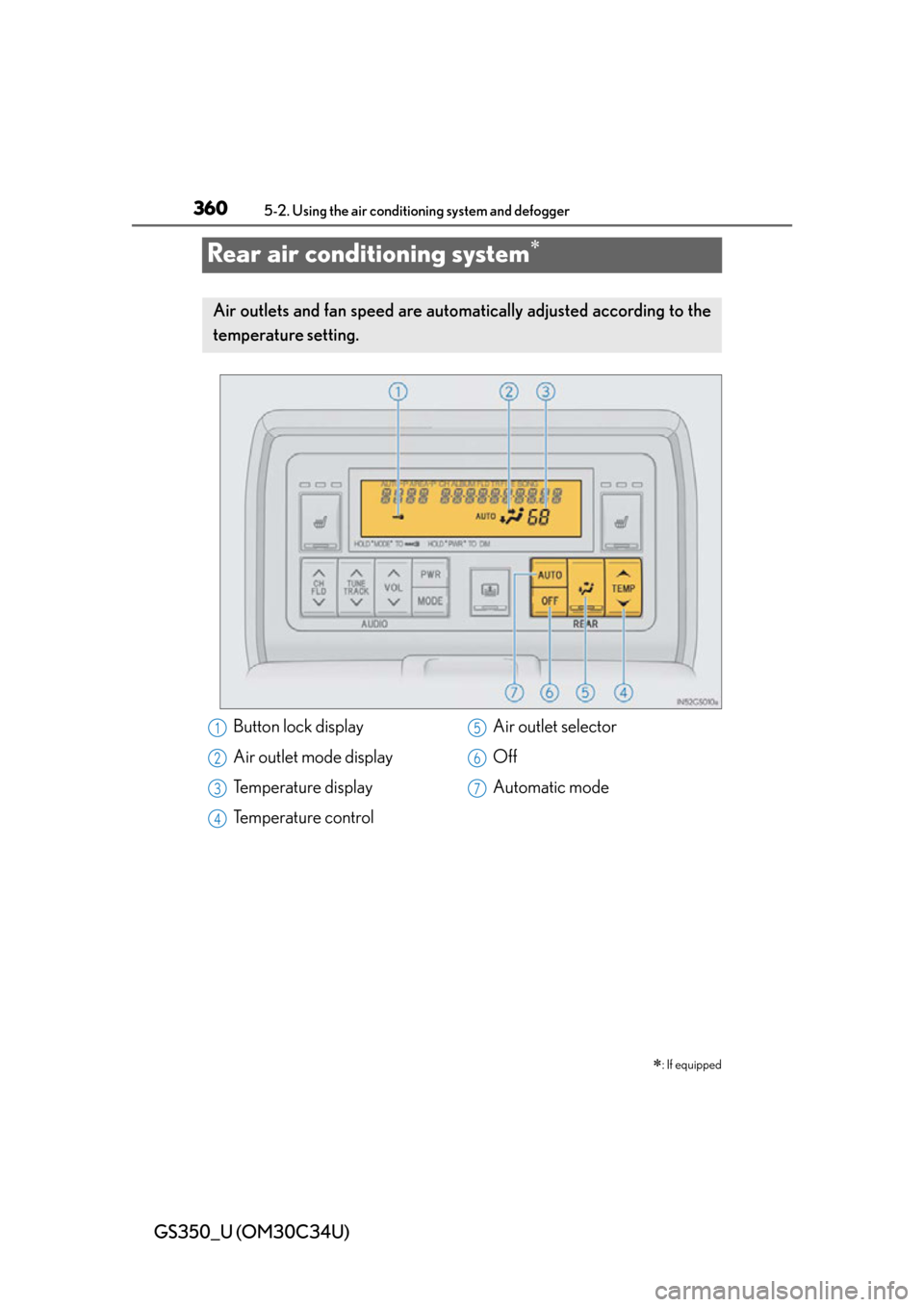 Lexus GS350 2013  Theft deterrent system / LEXUS 2013 GS350 OWNERS MANUAL (OM30C34U) 360
GS350_U (OM30C34U)
5-2. Using the air conditioning system and defogger
Rear air conditioning system
: If equipped
Air outlets and fan speed are automatica lly adjusted according to the
tempe