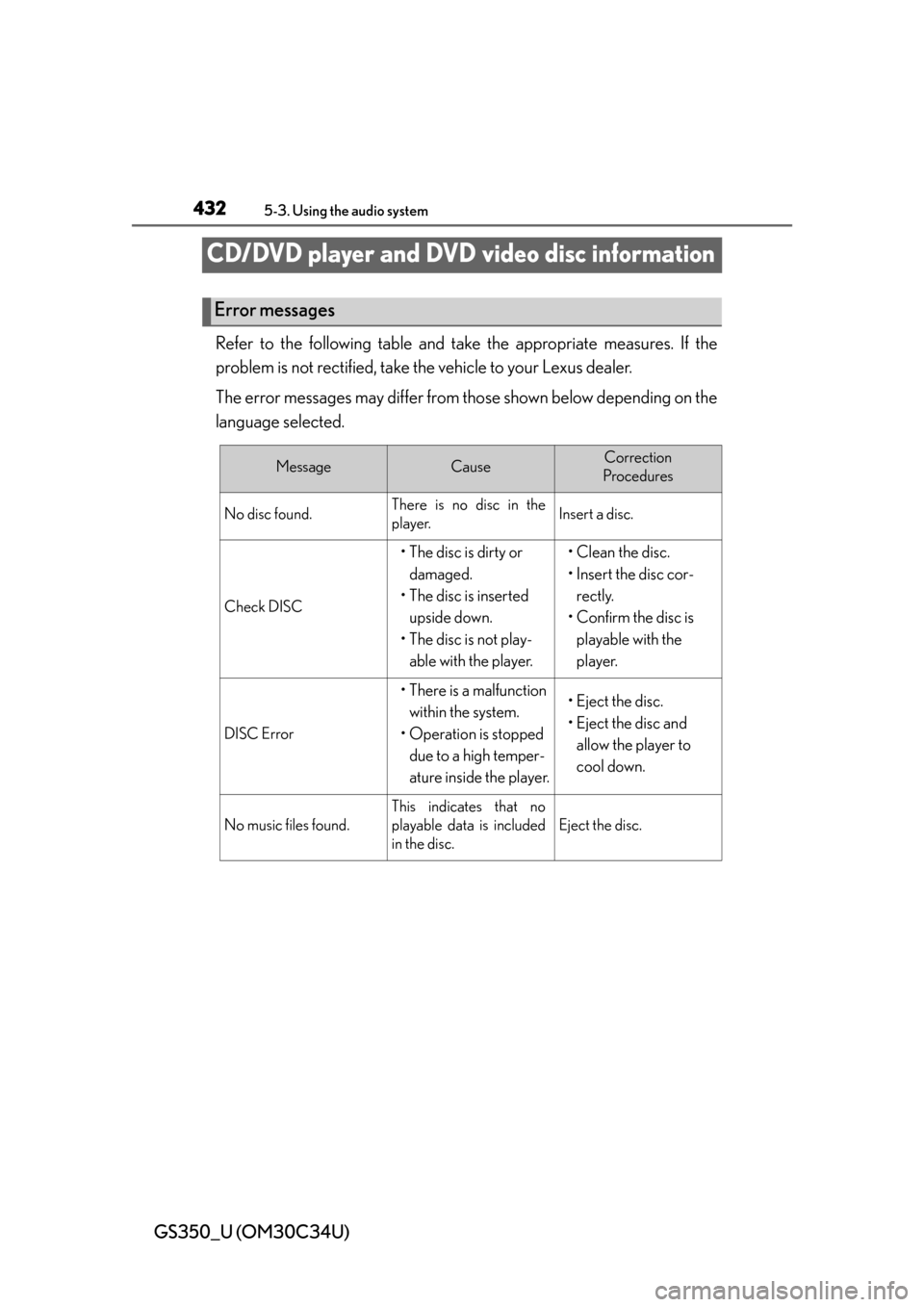 Lexus GS350 2013  Theft deterrent system / LEXUS 2013 GS350 OWNERS MANUAL (OM30C34U) 432
GS350_U (OM30C34U)
5-3. Using the audio system
CD/DVD player and DVD video disc information
Refer to the following table and take the appropriate measures. If the
problem is not rectified, take th