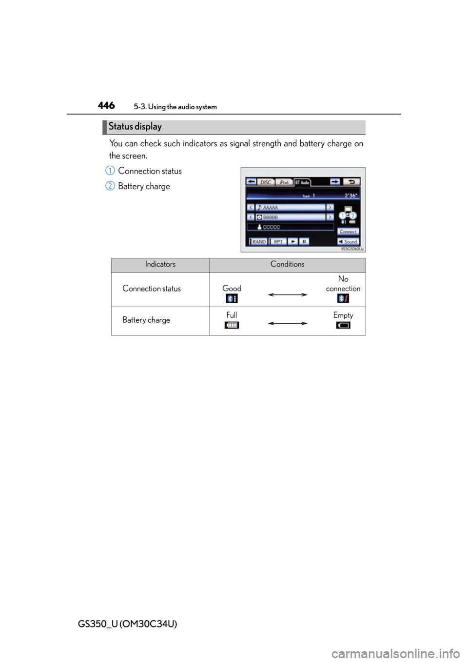 Lexus GS350 2013  Theft deterrent system / LEXUS 2013 GS350 OWNERS MANUAL (OM30C34U) 446
GS350_U (OM30C34U)
5-3. Using the audio system
You can check such indicators as signal strength and battery charge on
the screen.
Connection status
Battery charge
Status display
1
2
IndicatorsCond