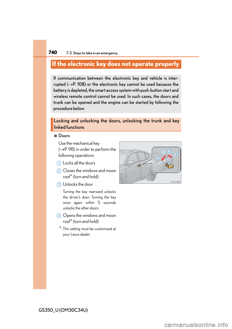 Lexus GS350 2013  Theft deterrent system / LEXUS 2013 GS350 OWNERS MANUAL (OM30C34U) 740
GS350_U (OM30C34U)
7-2. Steps to take in an emergency
If the electronic key does not operate properly
■Doors
Use the mechanical key 
(P. 98) in order to perform the
following operations:
Lock