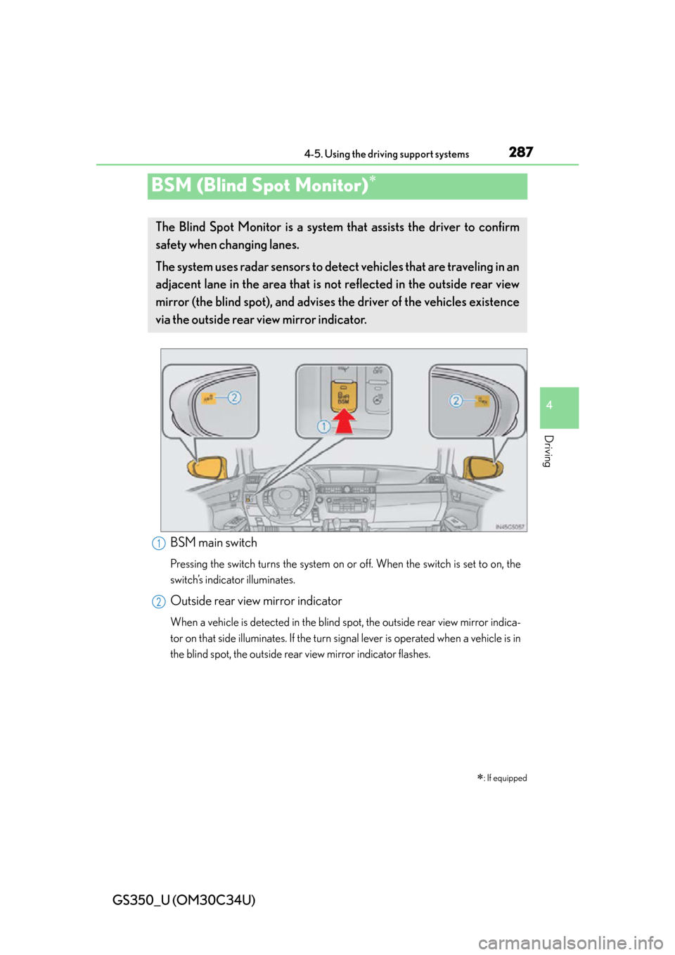 Lexus GS350 2013  Using the interior lights / LEXUS 2013 GS350 OWNERS MANUAL (OM30C34U) 287
GS350_U (OM30C34U)4-5. Using the driving support systems
4
Driving
BSM (Blind Spot Monitor)
: If equipped
The Blind Spot Monitor is a system th at assists the driver to confirm
safety when c