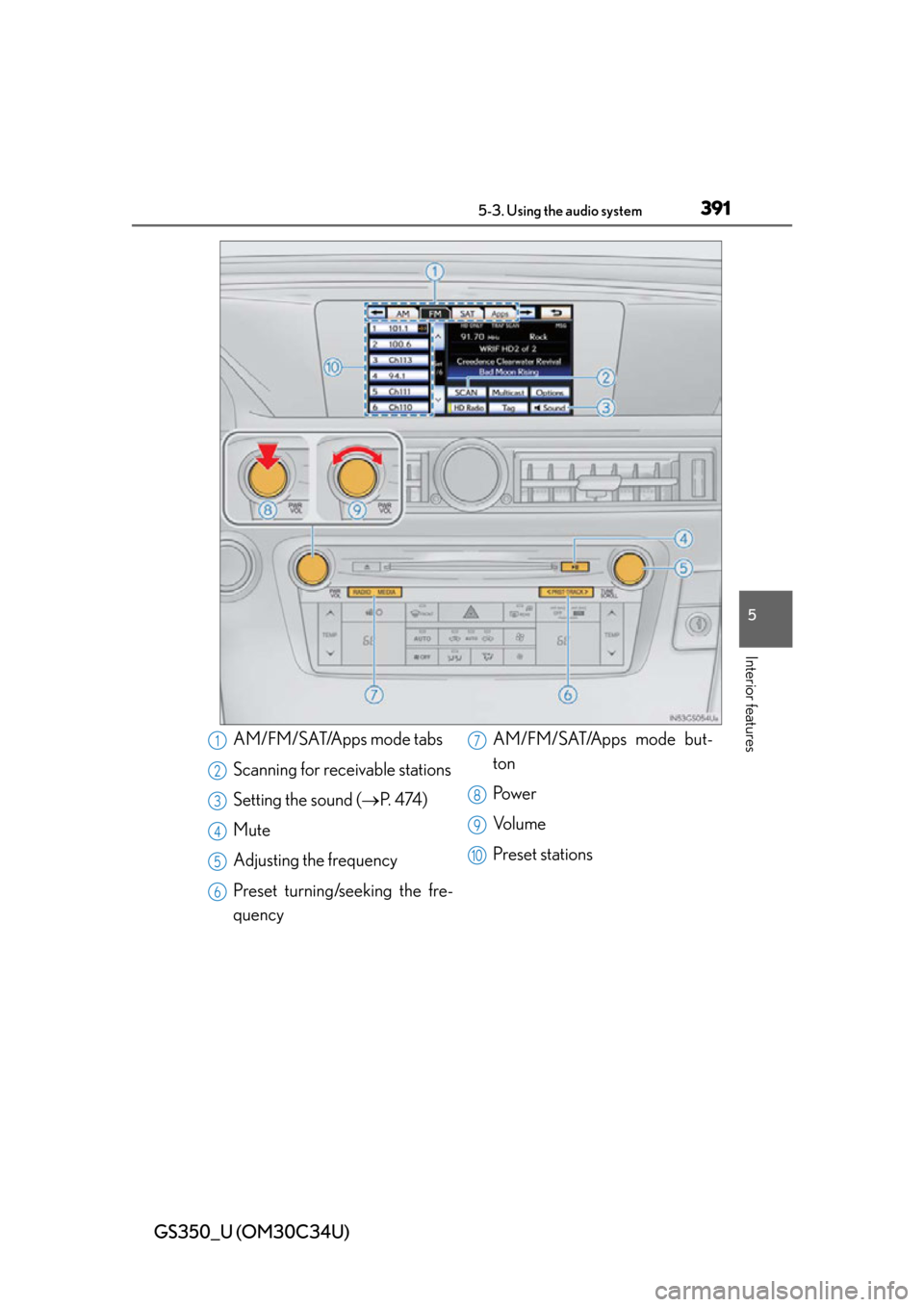 Lexus GS350 2013  Using the interior lights / LEXUS 2013 GS350 OWNERS MANUAL (OM30C34U) GS350_U (OM30C34U)
3915-3. Using the audio system
5
Interior features
AM/FM/SAT/Apps mode tabs
Scanning for receivable stations
Setting the sound (P.  4 74 )
Mute
Adjusting the frequency
Preset tur