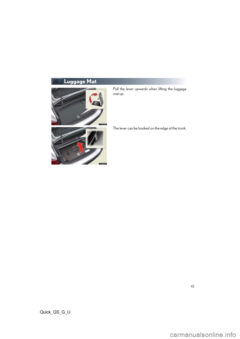 Lexus GS350 2010  Do-It-Yourself Maintenance / LEXUS 2010 GS460/350 QUICK GUIDE OWNERS MANUAL (OM30B76U) Quick_GS_G_U
42
Luggage Mat
Pull the lever upwards when lifting the luggage
mat up.
The lever can be hooked on the edge of the trunk. 