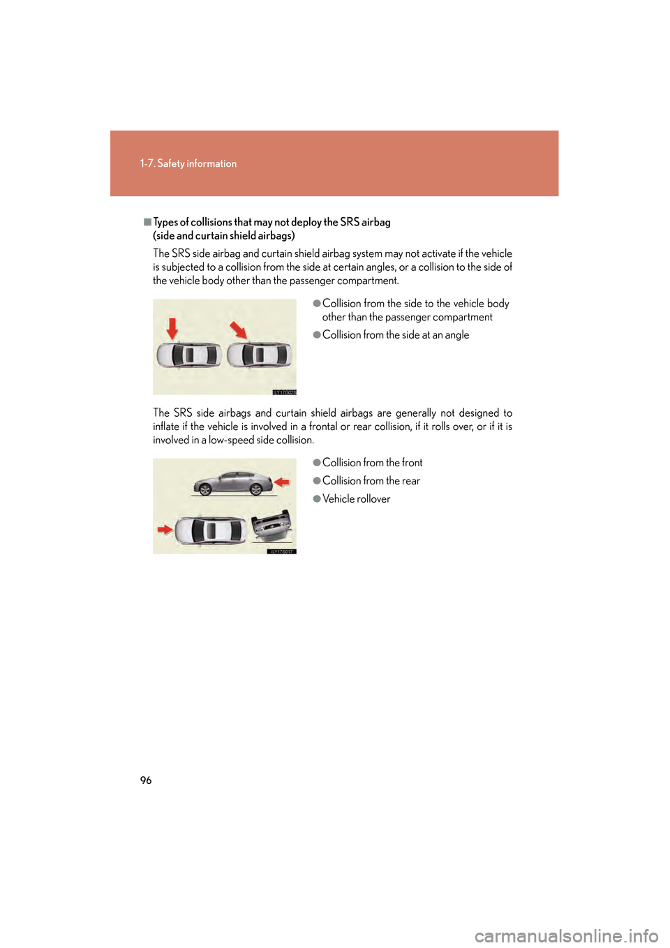 Lexus GS350 2009  Owners Manual 96
1-7. Safety information
GS_G_U (OM30B43U)
April 27, 2009 10:48 am
■Types of collisions that may not deploy the SRS airbag 
(side and curtain shield airbags)
The SRS side airbag and curtain shield