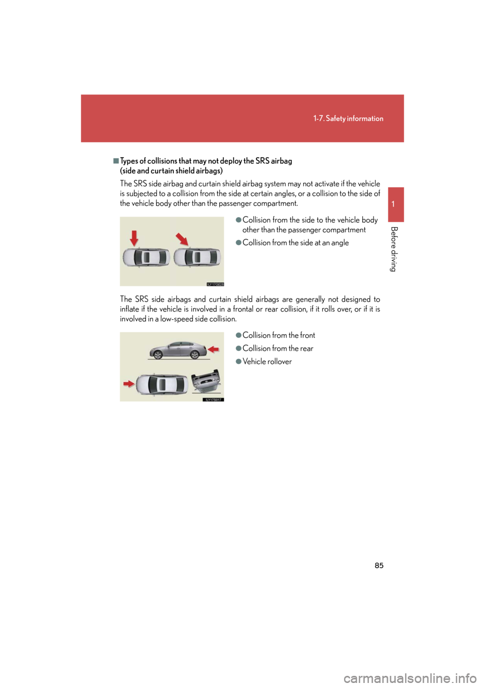 Lexus GS350 2008  Do-it-yourself maintenance / LEXUS 2008 GS460/350 OWNERS MANUAL (OM30A87U) 85
1-7. Safety information
1
Before driving
GS_G_U
May 13, 2008 5:14 pm
■Types of collisions that may not deploy the SRS airbag 
(side and curtain shield airbags)
The SRS side airbag and curtain 
