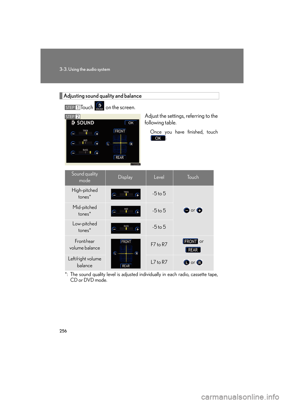 Lexus GS350 2007  Driving Comfort / LEXUS 2007 GS430/350 OWNERS MANUAL (OM30A04U) 256
3-3. Using the audio system
Adjusting sound quality and balance
To u c h   on the screen.
Adjust the settings, referring to the 
follo
wing table.
Once you have finished, touch  .
*: The sound qua