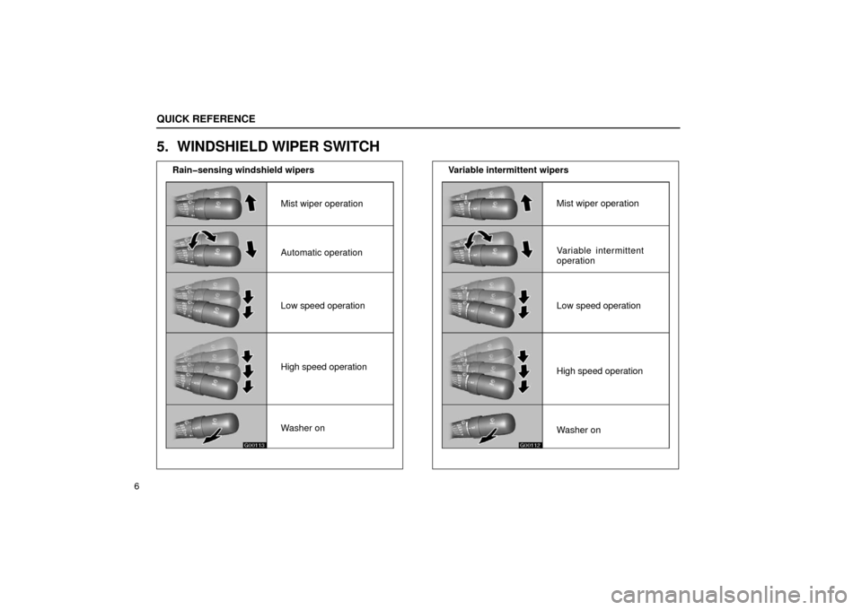 Lexus GS430 2006  Scheduled Maintenance Guide / LEXUS 2006 GS430/GS300 FROM JAN. 2005 PROD. OWNERS MANUAL (OM30649U) G00112
Variable intermittent wipersMist wiper operation
Variable intermittent
operation
Low speed operation
High speed operation
Washer on
G00113
Mist wiper operation
Automatic operation
Low speed ope