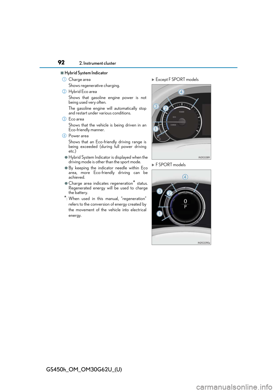 Lexus GS450h 2018  Owners Manual / LEXUS 2018 GS450H OWNERS MANUAL (OM30G62U) 92
GS450h_OM_OM30G62U_(U)
2. Instrument cluster
■Hybrid System IndicatorCharge area
Shows regenerative charging.
Hybrid Eco area
Shows that gasoline engine power is not
being used very often.
The ga