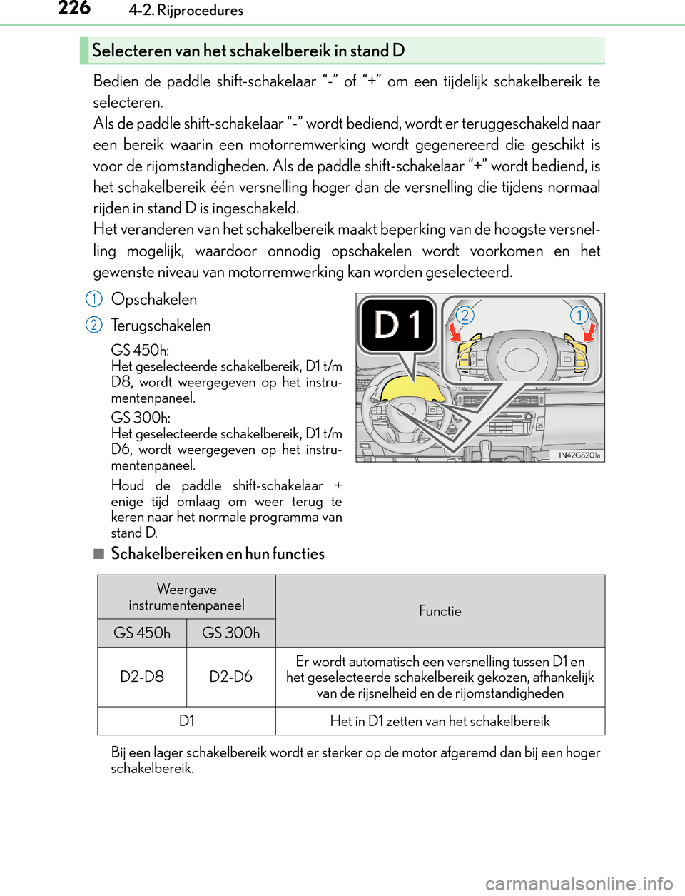 Lexus GS450h 2017  Handleiding (in Dutch) 2264-2. Rijprocedures
GS450h_300h_OM_OM30F92E_(EE)
Bedien de paddle shift-schakelaar “-” of “+” om een tijdelijk schakelbereik te
selecteren. 
Als de paddle shift-schakelaar “-” wordt bedi