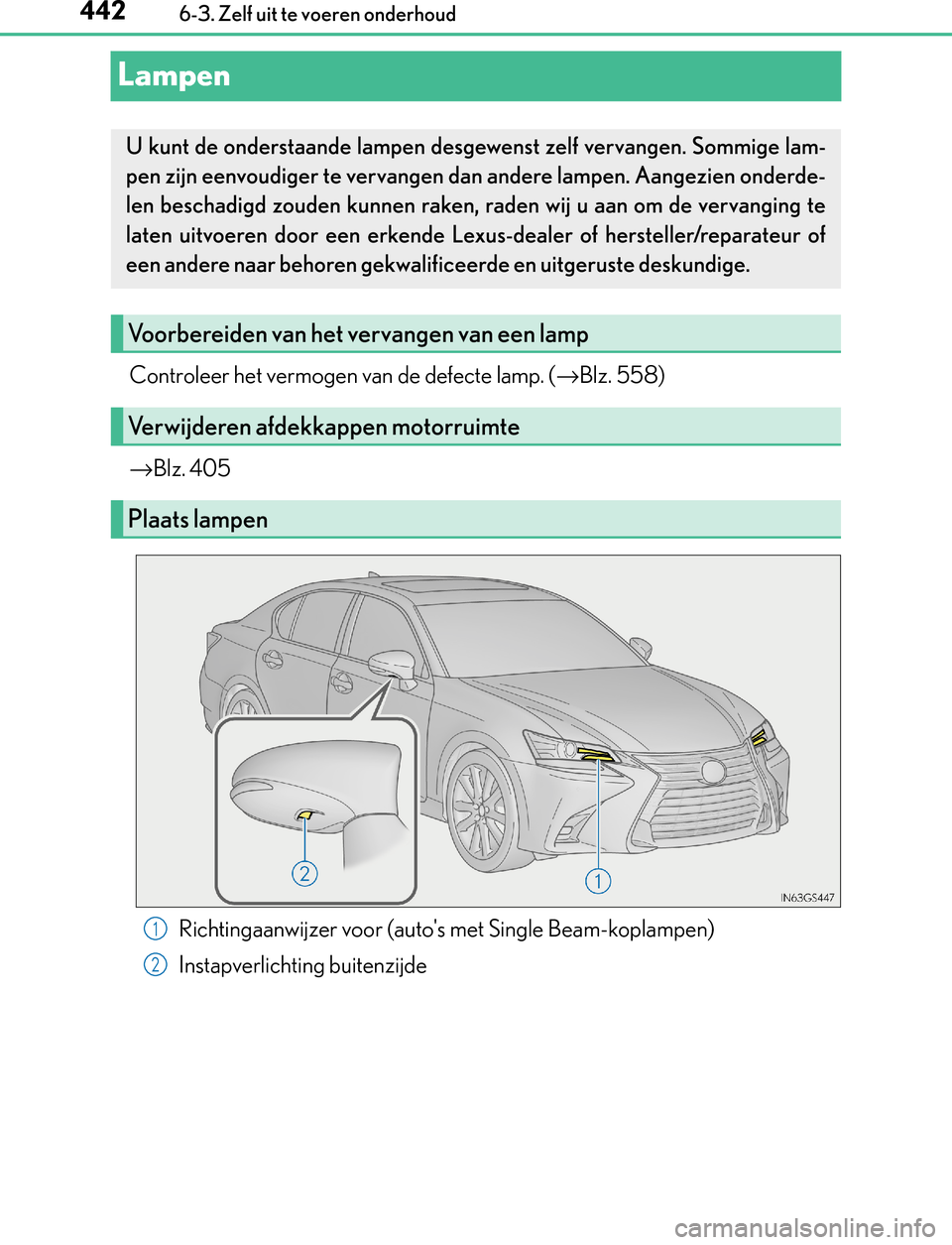 Lexus GS450h 2017  Handleiding (in Dutch) 4426-3. Zelf uit te voeren onderhoud
GS450h_300h_OM_OM30F92E_(EE)
Lampen
Controleer het vermogen van de defecte lamp. (→Blz. 558)
→Blz. 405
Richtingaanwijzer voor (autos met Single Beam-koplampen
