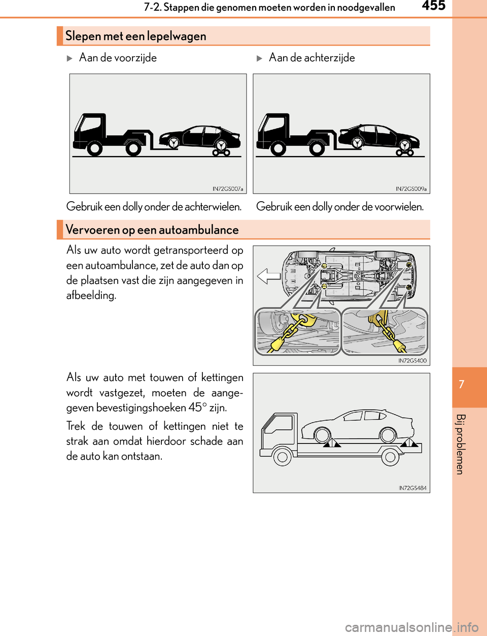 Lexus GS450h 2017  Handleiding (in Dutch) 4557-2. Stappen die genomen moeten worden in noodgevallen
7
Bij problemen
GS450h_300h_OM_OM30F92E_(EE)
Als uw auto wordt getransporteerd op
een autoambulance, zet de auto dan op
de plaatsen vast die z