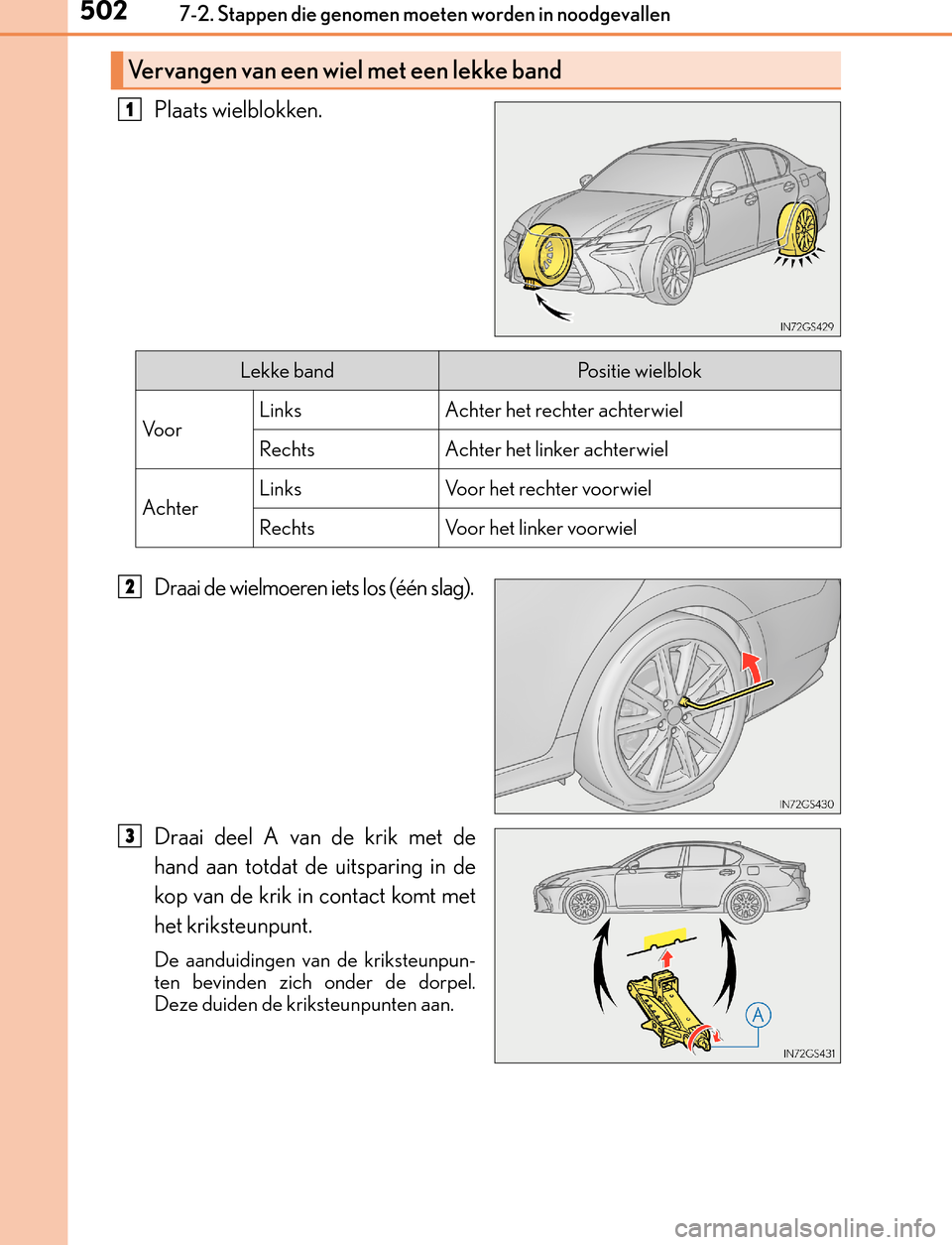 Lexus GS450h 2017  Handleiding (in Dutch) 5027-2. Stappen die genomen moeten worden in noodgevallen
GS450h_300h_OM_OM30F92E_(EE)
Plaats wielblokken.
Draai de wielmoeren iets los (één slag).
Draai deel A van de krik met de
hand aan totdat de