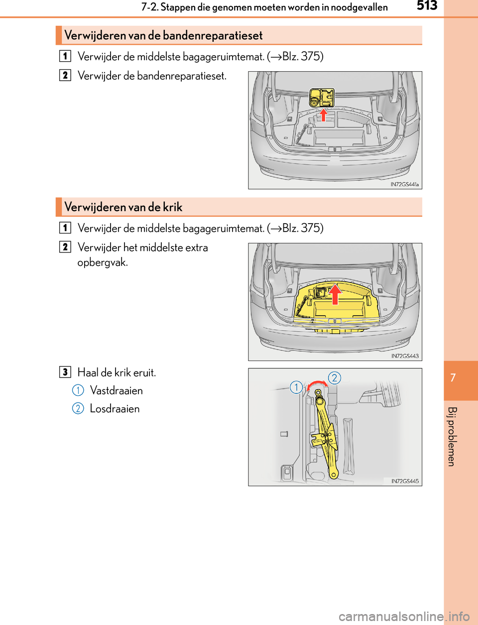 Lexus GS450h 2017  Handleiding (in Dutch) 5137-2. Stappen die genomen moeten worden in noodgevallen
7
Bij problemen
GS450h_300h_OM_OM30F92E_(EE)
Verwijder de middelste bagageruimtemat. (→Blz. 375)
Verwijder de bandenreparatieset.
Verwijder 