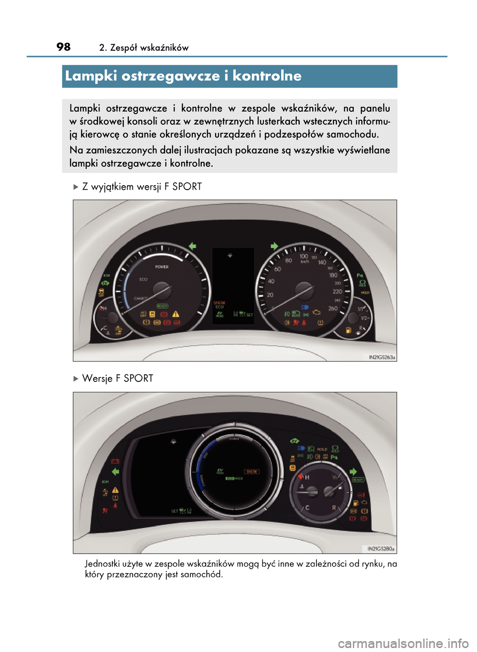 Lexus GS450h 2017  Instrukcja Obsługi (in Polish) óZ wyjàtkiem wersji F SPORT
óWersje F SPORT
Jednostki u˝yte w zespole wskaêników mogà byç inne w zale˝noÊci od rynku, na
który przeznaczony jest samochód.
982. Zespó∏ wskaêników
Lampk