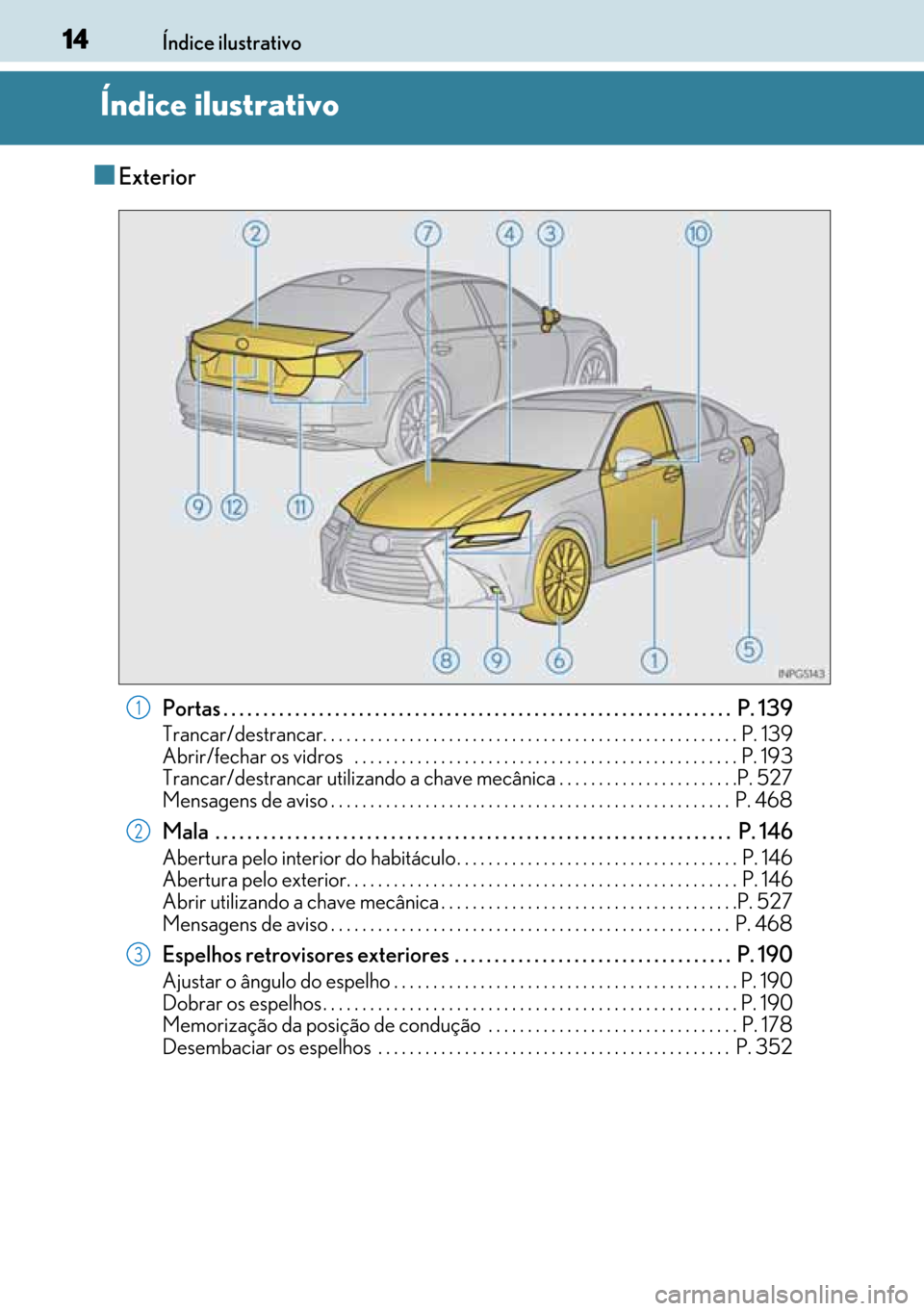 Lexus GS450h 2017 Manual do proprietário (in Portuguese) 14
1414 14Índice ilustrativo
Índice ilustrativo
■Exterior
Portas . . . . . . . . . . . . . . . . . . . . . . . . . . . . . . . . . . . . . . . . . . . . . . . . . . . . . . . . . . . . . . . . P. Lexus GS450h 2017 Manual do proprietário (in Portuguese) 14
1414 14Índice ilustrativo
Índice ilustrativo
■Exterior
Portas . . . . . . . . . . . . . . . . . . . . . . . . . . . . . . . . . . . . . . . . . . . . . . . . . . . . . . . . . . . . . . . . P.
