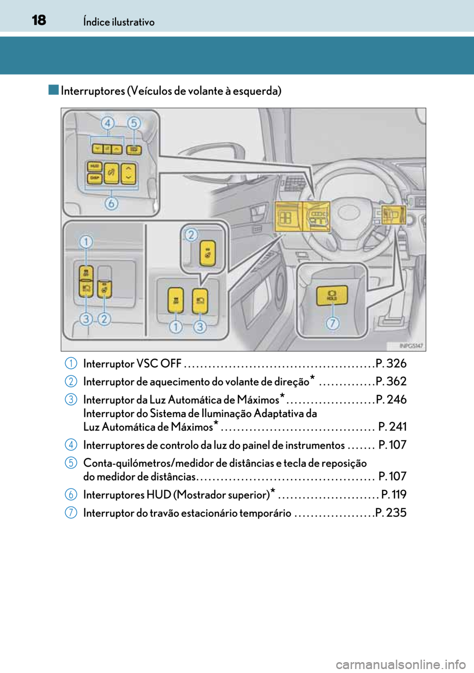 Lexus GS450h 2017 Manual do proprietário (in Portuguese) 18
1818 18Índice ilustrativo
■Interruptores (Veículos de volante à esquerda)
Interruptor VSC OFF . . . . . . . . . . . . . . . . . . . . . . . . . . . . . . . . . . . . . . . . . . . . . . . P. 3 Lexus GS450h 2017 Manual do proprietário (in Portuguese) 18
1818 18Índice ilustrativo
■Interruptores (Veículos de volante à esquerda)
Interruptor VSC OFF . . . . . . . . . . . . . . . . . . . . . . . . . . . . . . . . . . . . . . . . . . . . . . . P. 3