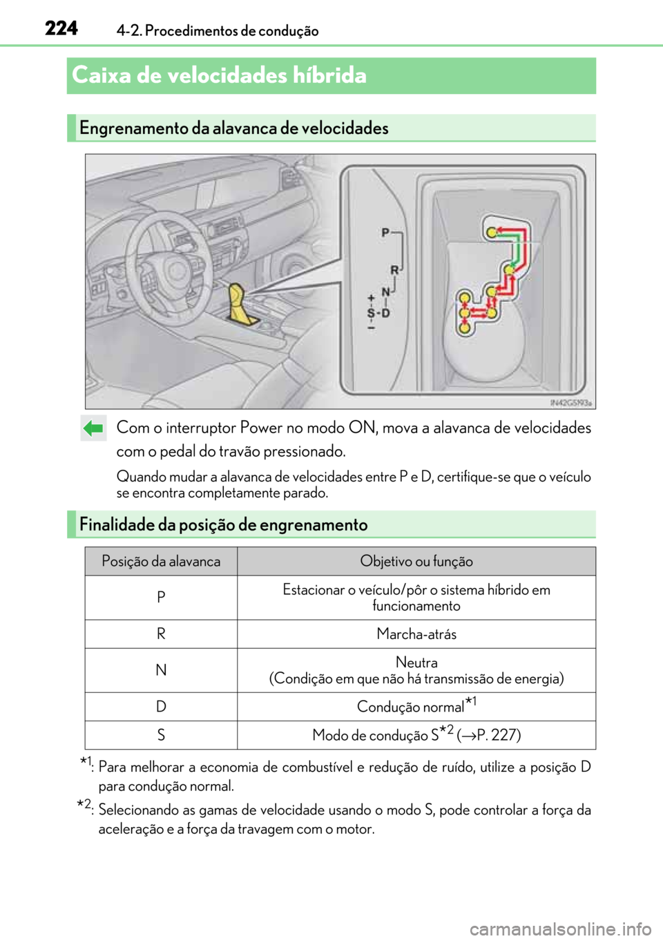 Lexus GS450h 2017  Manual do proprietário (in Portuguese) 224
224224 2244-2. Procedimentos de condução
Caixa de velocidades híbrida 
Com o interruptor Power no modo ON, mova a alavanca de velocidades
com o pedal do travão pressionado.
Quando mudar a alav