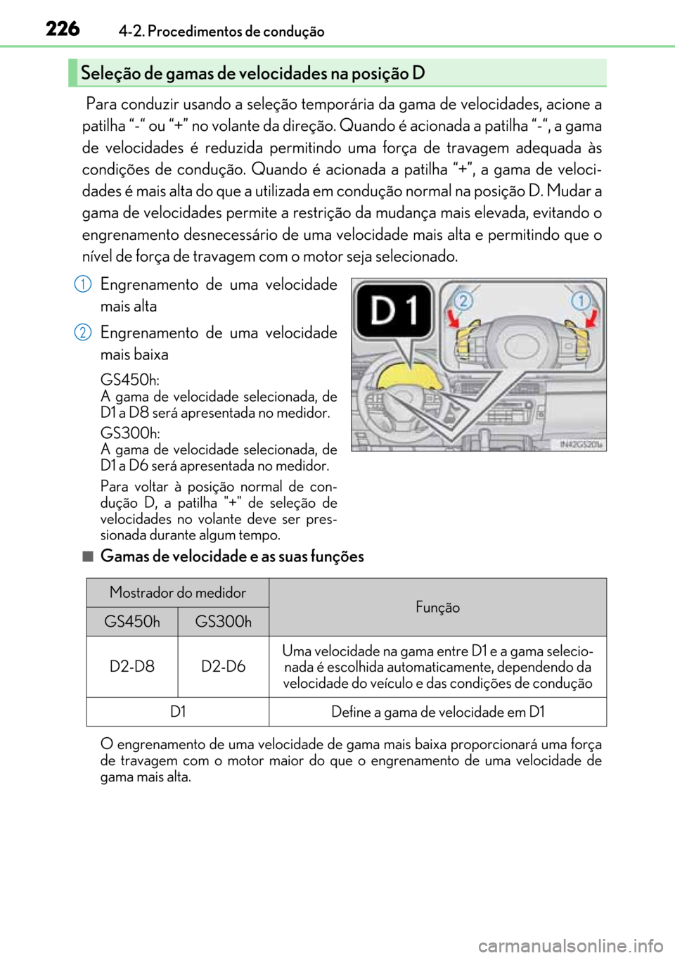 Lexus GS450h 2017 Manual do proprietário (in Portuguese) 226
226226 2264-2. Procedimentos de condução
Para conduzir usando a seleção temporária da gama de velocidades, acione a
patilha “-“ ou “+” no volante da direção. Quando é acionada a p Lexus GS450h 2017 Manual do proprietário (in Portuguese) 226
226226 2264-2. Procedimentos de condução
Para conduzir usando a seleção temporária da gama de velocidades, acione a
patilha “-“ ou “+” no volante da direção. Quando é acionada a p