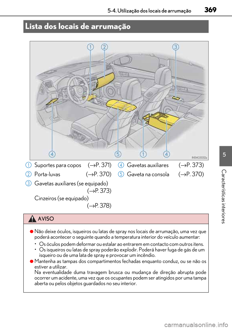 Lexus GS450h 2017  Manual do proprietário (in Portuguese) 369
369369 369
5 5-4. Utilização dos locais de arrumação
Características interiores
Lista dos locais de arrumação
Suportes para copos  (→P. 371)
Porta-luvas  (→P. 370)
Gavetas auxiliares (s