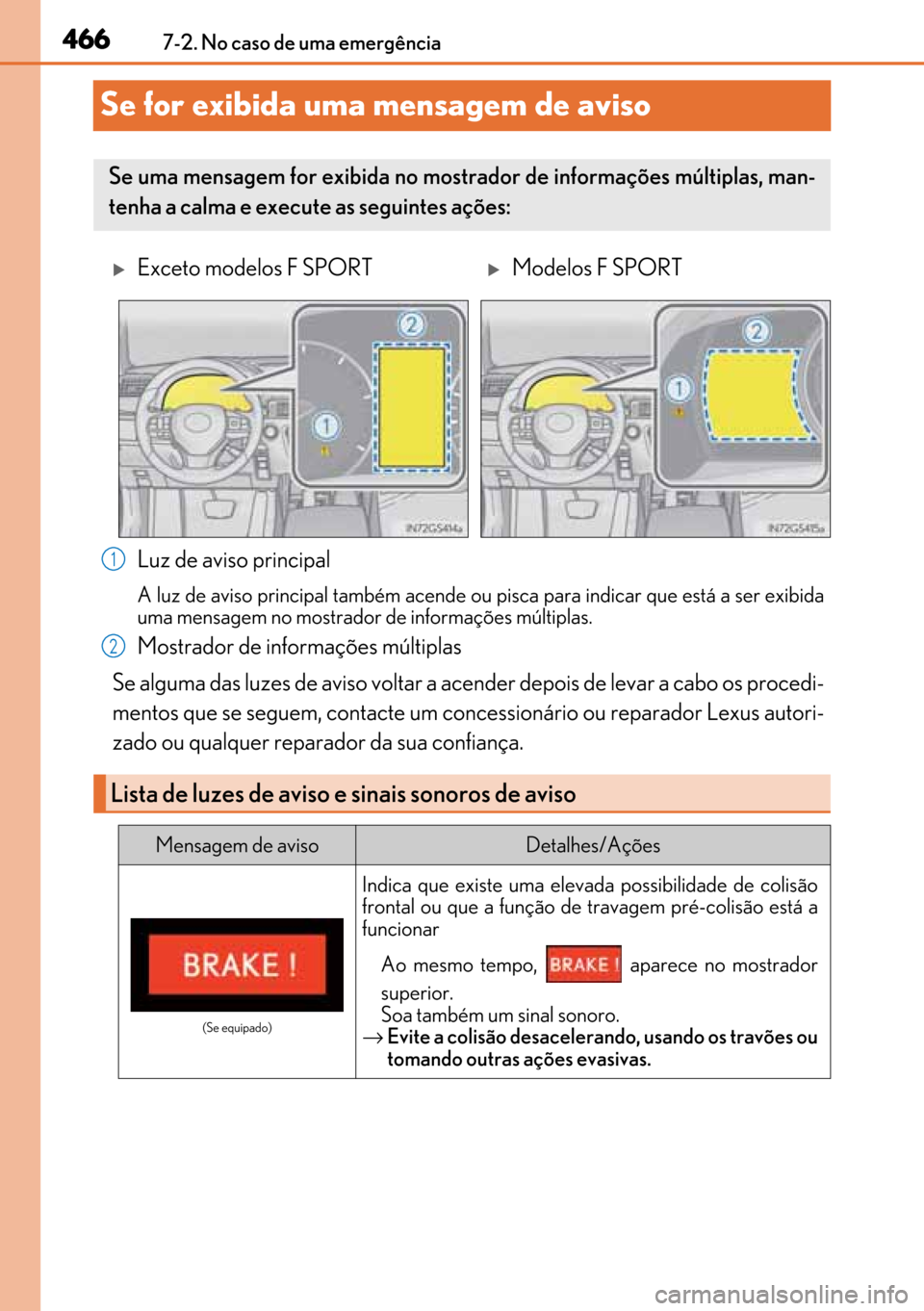 Lexus GS450h 2017 Manual do proprietário (in Portuguese) 466
466466 4667-2. No caso de uma emergência
Se for exibida uma mensagem de aviso
Luz de aviso principal
A luz de aviso principal também acende ou pisca para indicar que está a ser exibida
uma me Lexus GS450h 2017 Manual do proprietário (in Portuguese) 466
466466 4667-2. No caso de uma emergência
Se for exibida uma mensagem de aviso
Luz de aviso principal
A luz de aviso principal também acende ou pisca para indicar que está a ser exibida
uma me