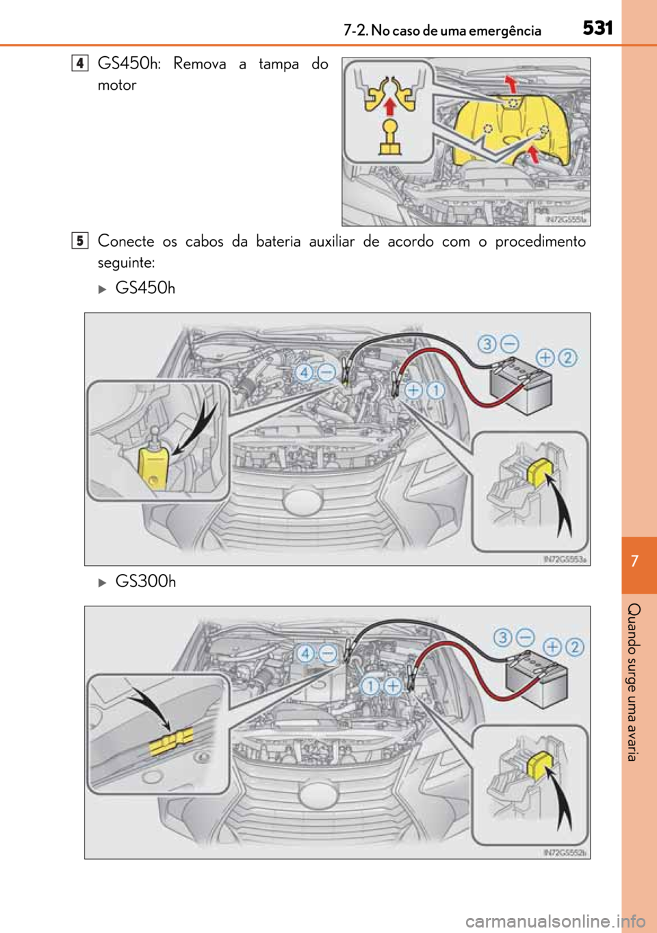 Lexus GS450h 2017  Manual do proprietário (in Portuguese) 531
531531 5317-2. No caso de uma emergência
7
Quando surge uma avaria
GS450h: Remova a tampa do
motor
Conecte os cabos da bateria auxiliar de acordo com o procedimento
seguinte:
�XGS450h
�XGS300h
4
