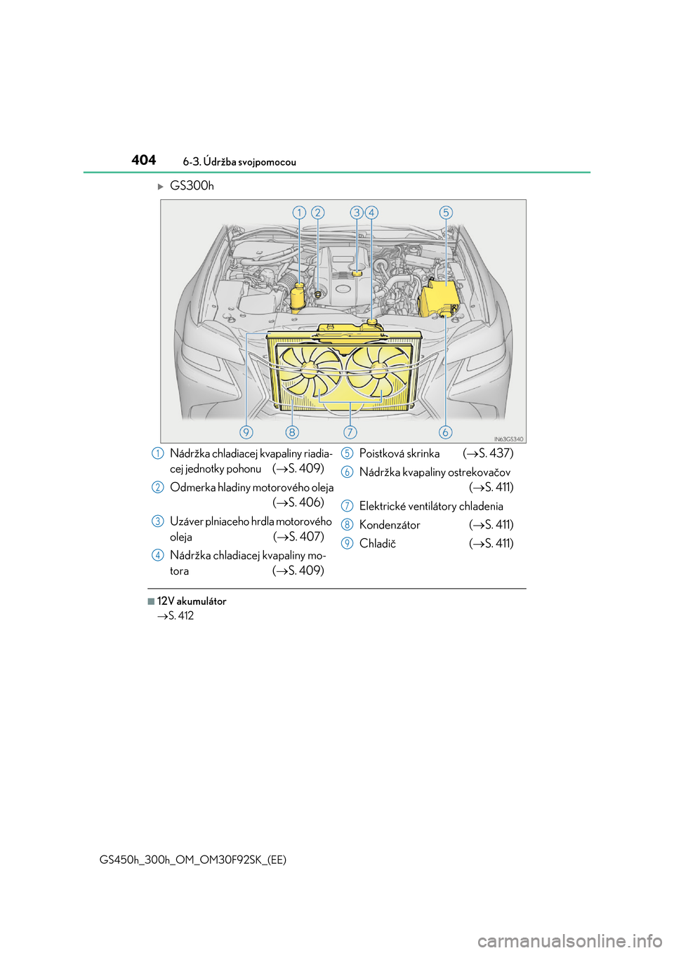 Lexus GS450h 2017  Užívateľská príručka (in Slovak) 4046-3. Údržba svojpomocou
GS450h_300h_OM_OM30F92SK_(EE)
GS300h
■12V akumulátor 
 S. 412
Nádržka chladiacej kvapaliny riadia- 
cej jednotky pohonu ( S. 409) 
Odmerka hladiny motorovéh
