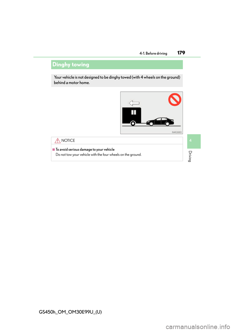 Lexus GS450h 2016  Owners Manual / LEXUS 2016 GS450H OWNERS MANUAL (OM30E99U) 179
GS450h_OM_OM30E99U_(U)4-1. Before driving
4
Driving
Dinghy towing
Your vehicle is not designed to be ding hy towed (with 4 wheels on the ground)
behind a motor home. 
NOTICE
■To avoid serious da