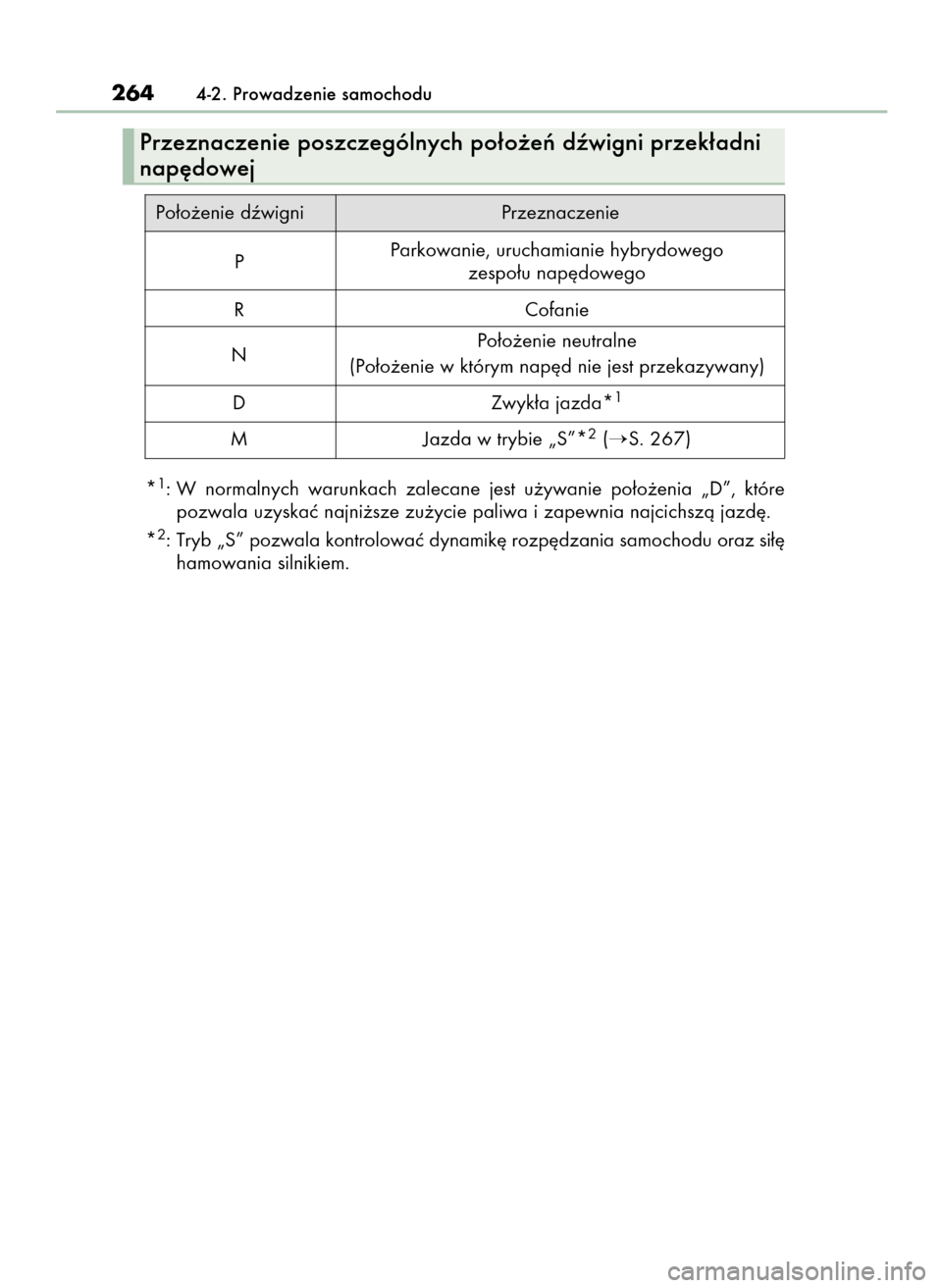 Lexus GS450h 2015  Instrukcja Obsługi (in Polish) *1: W normalnych  warunkach  zalecane  jest  u˝ywanie  po∏o˝enia  „D”,  które
pozwala uzyskaç najni˝sze zu˝ycie paliwa i zapewnia najcichszà jazd´.
*
2: Tryb „S” pozwala kontrolowaç