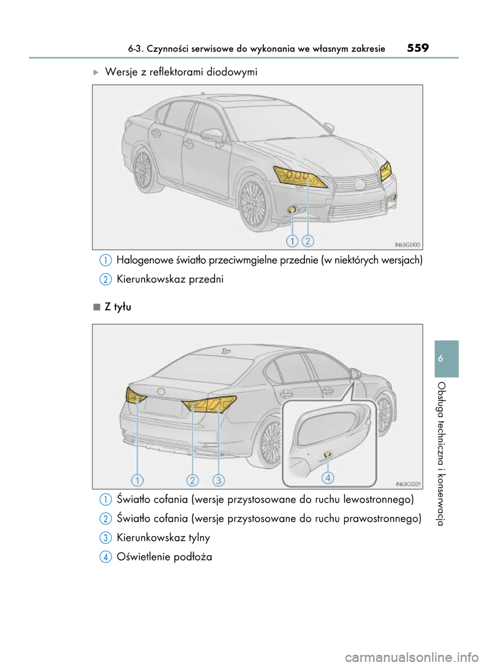Lexus GS450h 2015  Instrukcja Obsługi (in Polish) ó Wersje z reflektorami diodowymi
Halogenowe Êwiat∏o przeciwmgielne przednie (w niektórych wersjach)
Kierunkowskaz przedni
Z ty∏u
Âwiat∏o cofania (wersje przystosowane do ruchu lewostronnego
