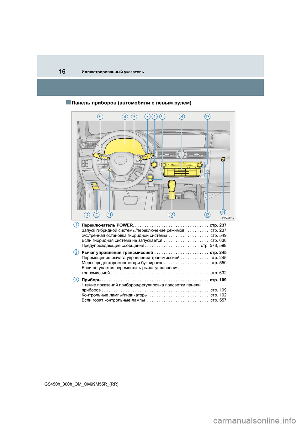Lexus GS450h 2015  Инструкция по эксплуатации (in Russian) 16Иллюстрированный указатель
GS450h_300h_OM_OM99M55R_(RR)
■Панель  приборов  (автомобили  с  левым  рулем )
Переключатель  PO