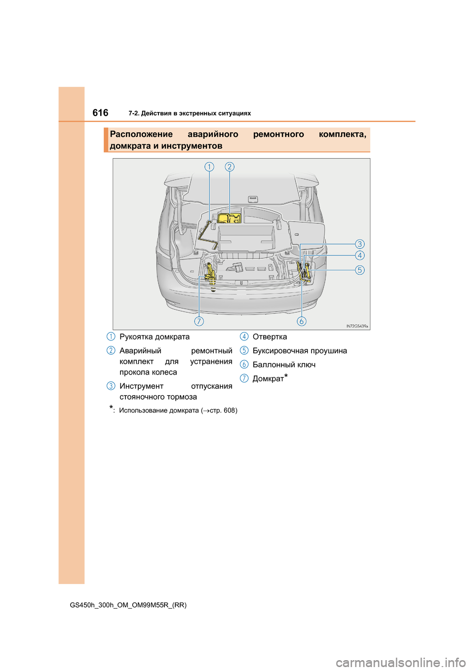 Lexus GS450h 2015  Инструкция по эксплуатации (in Russian) 6167-2. Действия  в  экстренных  ситуациях
GS450h_300h_OM_OM99M55R_(RR)
*:  Использование  домкрата  (→ стр . 608)
Расположение  ав