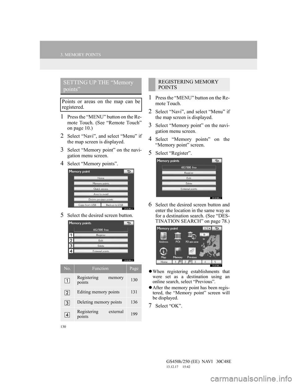 Lexus GS450h 2012 Navigation manual 130
3. MEMORY POINTS
GS450h/250 (EE) NAVI 30C48E
13.12.17 15:42
1Press the “MENU” button on the Re-
mote Touch. (See “Remote Touch”
on page 10.)
2Select “Navi”, and select “Menu Lexus GS450h 2012 Navigation manual 130
3. MEMORY POINTS
GS450h/250 (EE) NAVI 30C48E
13.12.17 15:42
1Press the “MENU” button on the Re-
mote Touch. (See “Remote Touch”
on page 10.)
2Select “Navi”, and select “Menu