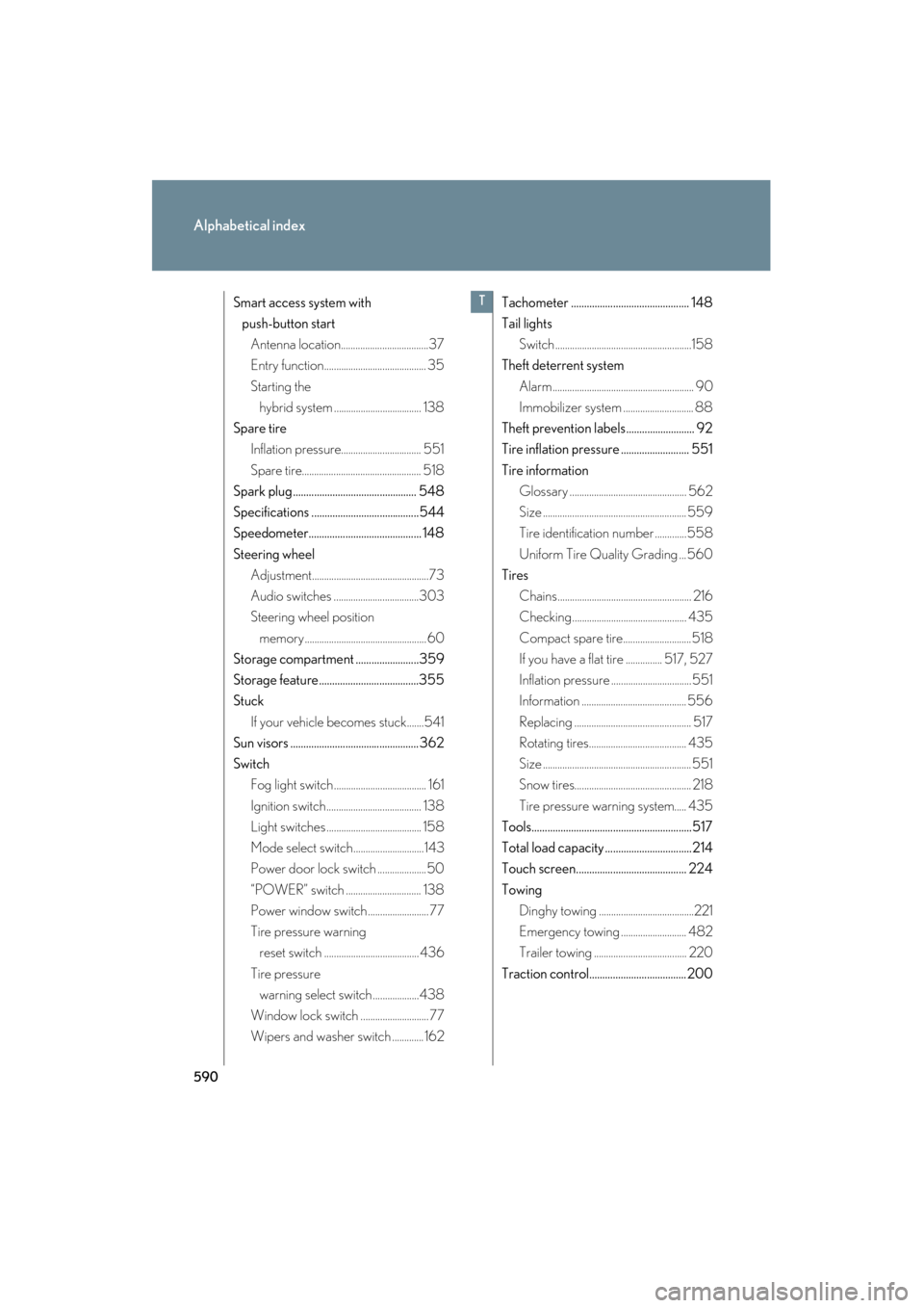 Lexus GS450h 2008  Owners Manual 590
Alphabetical index
GS_HV_U
June 19, 2008 1:15 pm
Smart access system with push-button start
Antenna location....................................37
Entry function...................................
