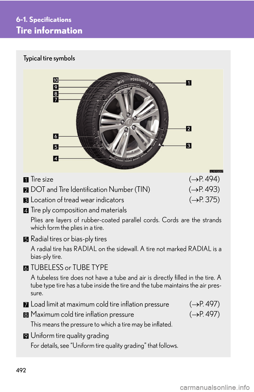 Lexus GS450h 2007  Driving Comfort TOC / LEXUS 2007 GS450H THROUGH JUNE 2006 PROD. OWNERS MANUAL (OM30727U) 492
6-1. Specifications
Tire information
Ty p i c a l  t i r e  s y m b o l s
Tire size(P.  4 9 4 )
DOT and Tire Identification Number (TIN) ( P. 493 )
Location of tread wear indicators ( P. 