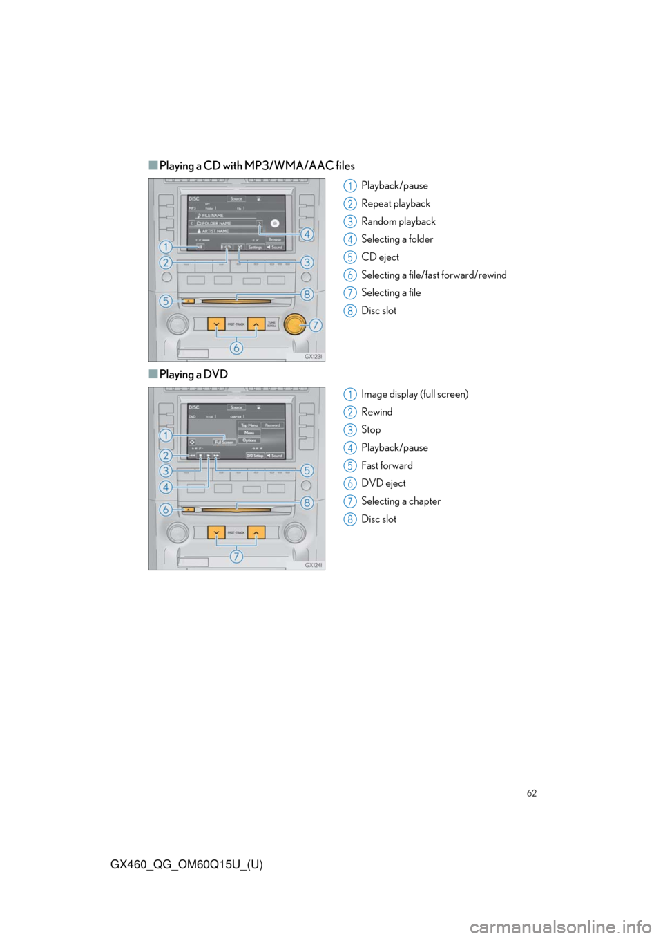 Lexus GX460 2018  Owners Manual / LEXUS 2018 GX460 OWNERS MANUAL QUICK GUIDE (OM60Q15U) 62
GX460_QG_OM60Q15U_(U)
■Playing a CD with MP3/WMA/AAC files
Playback/pause
Repeat playback
Random playback
Selecting a folder
CD eject
Selecting a file/fast forward/rewind
Selecting a file
Disc sl