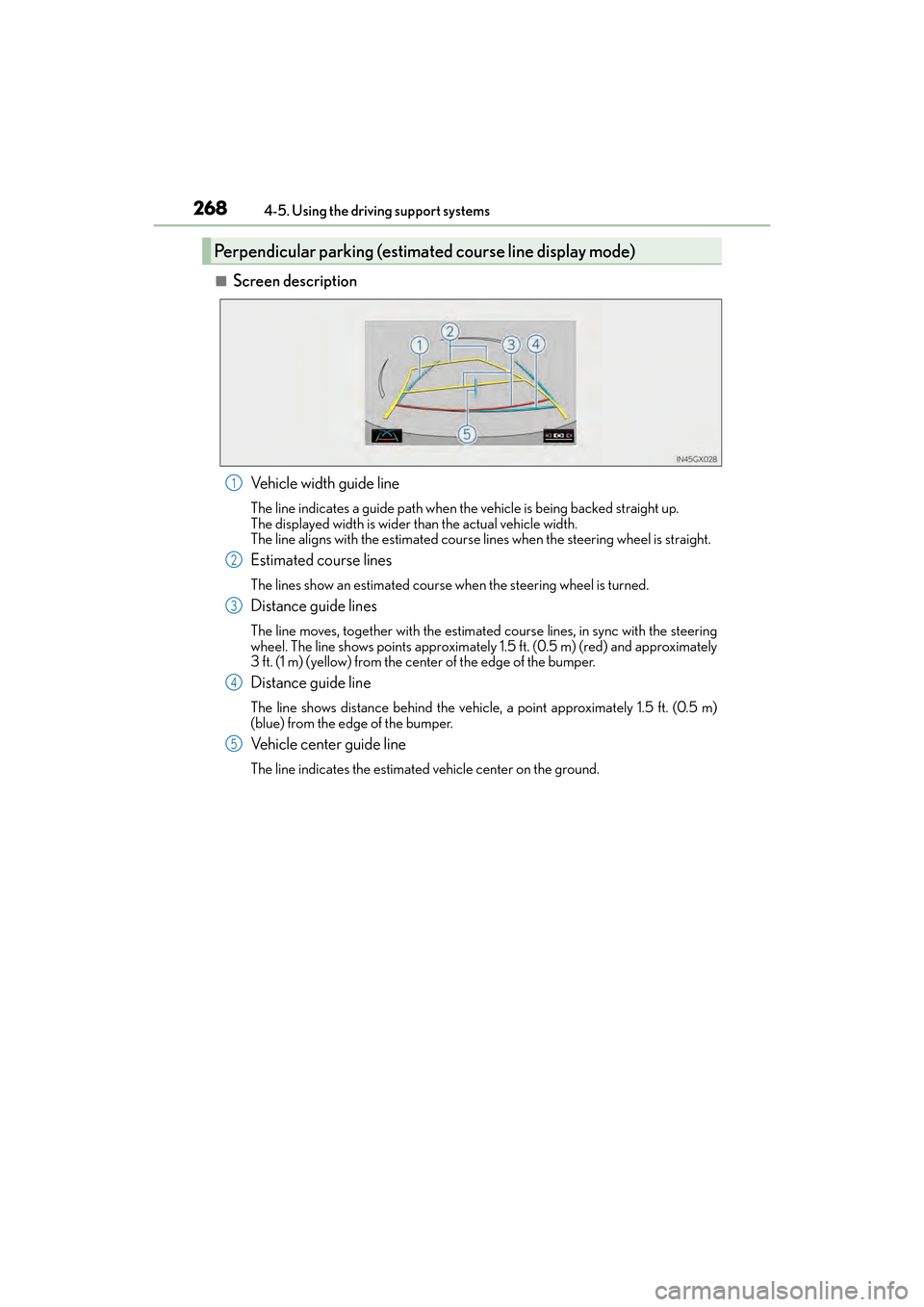 Lexus GX460 2017 Owners Manual 268
GX 460 _O M_ OM6 0F 6 8U _(U )4-5. Using the driving support systems
■Screen description
Vehicle width guide line
The line indicates a guide path when the vehicle is being backed straight up.
Th Lexus GX460 2017 Owners Manual 268
GX 460 _O M_ OM6 0F 6 8U _(U )4-5. Using the driving support systems
■Screen description
Vehicle width guide line
The line indicates a guide path when the vehicle is being backed straight up.
Th